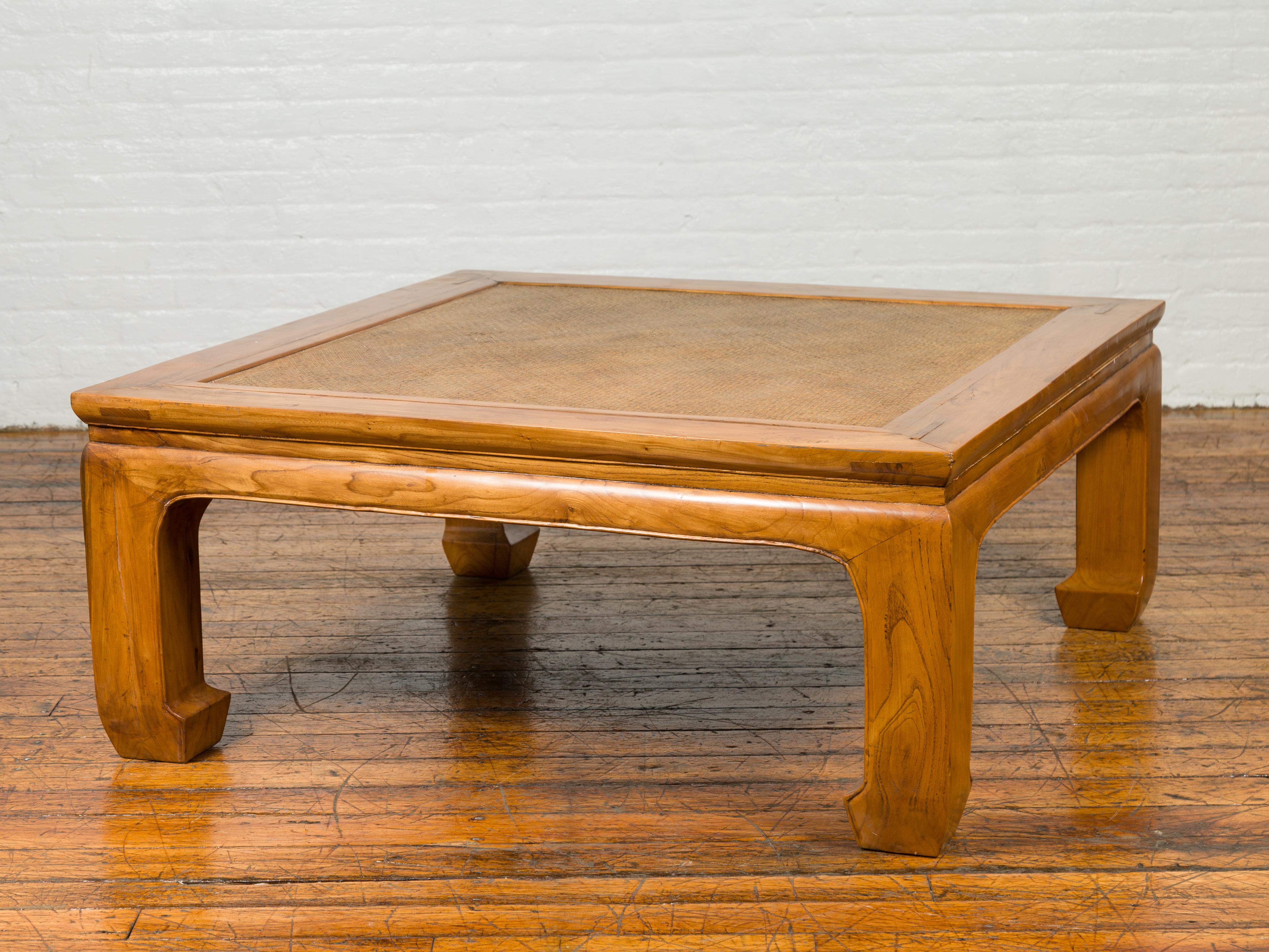 Chinese Ming Style 19th Century Elm Coffee Table with Rattan Inset and Chow Legs 2