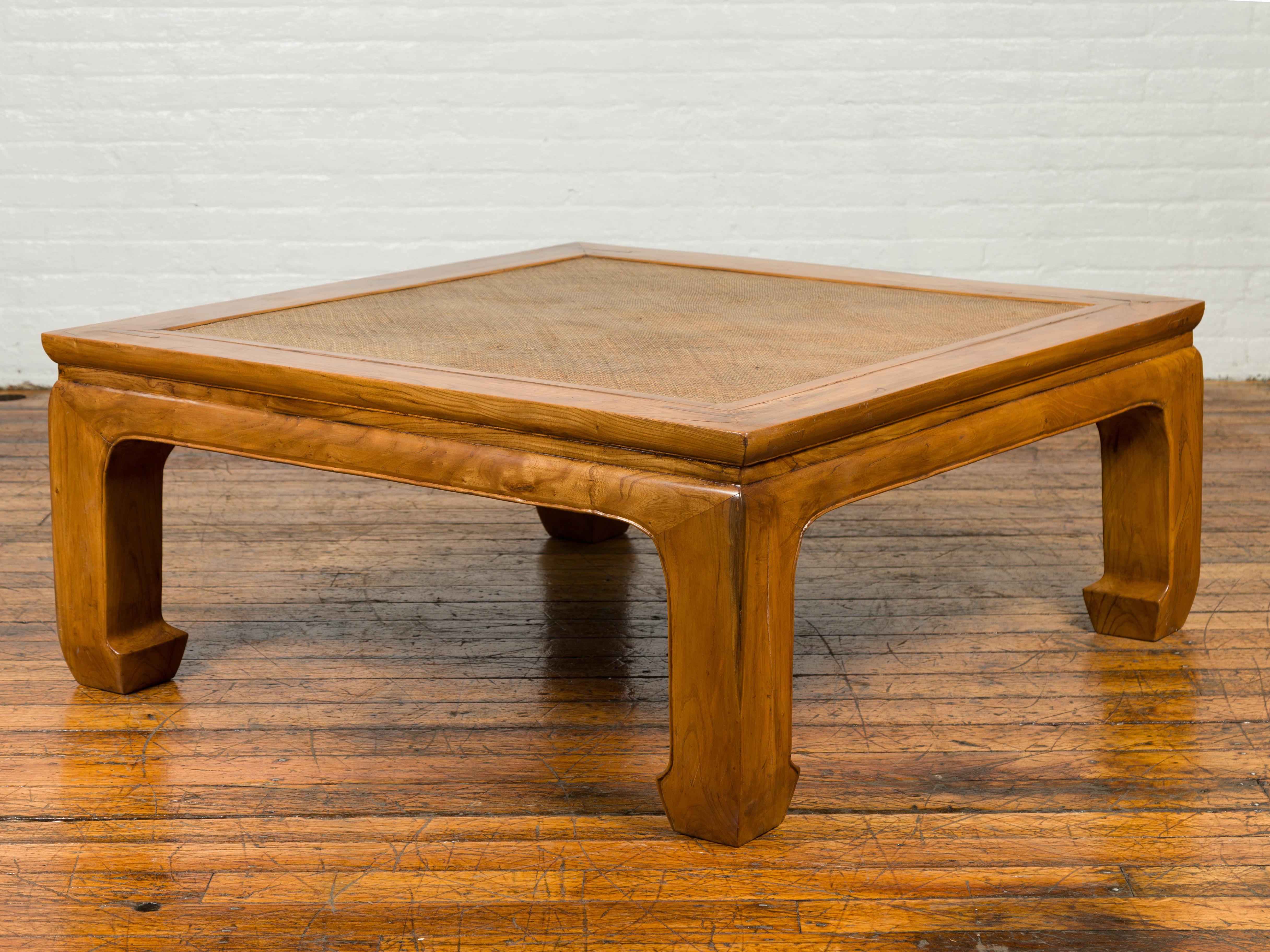 Chinese Ming Style 19th Century Elm Coffee Table with Rattan Inset and Chow Legs 3