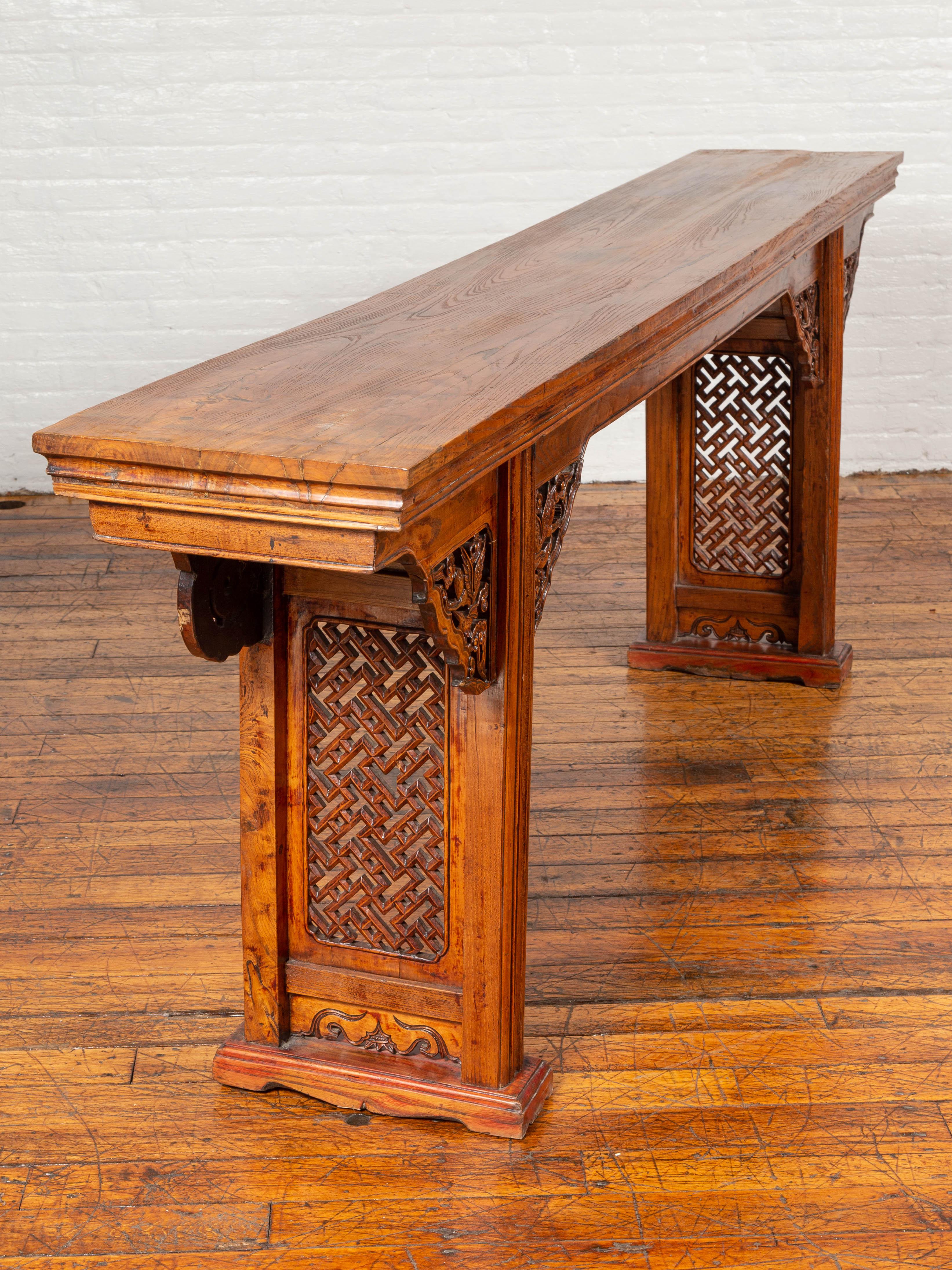 Chinese Ming Style Altar Console Table with Bird-Carved Spandrels and Fretwork 4