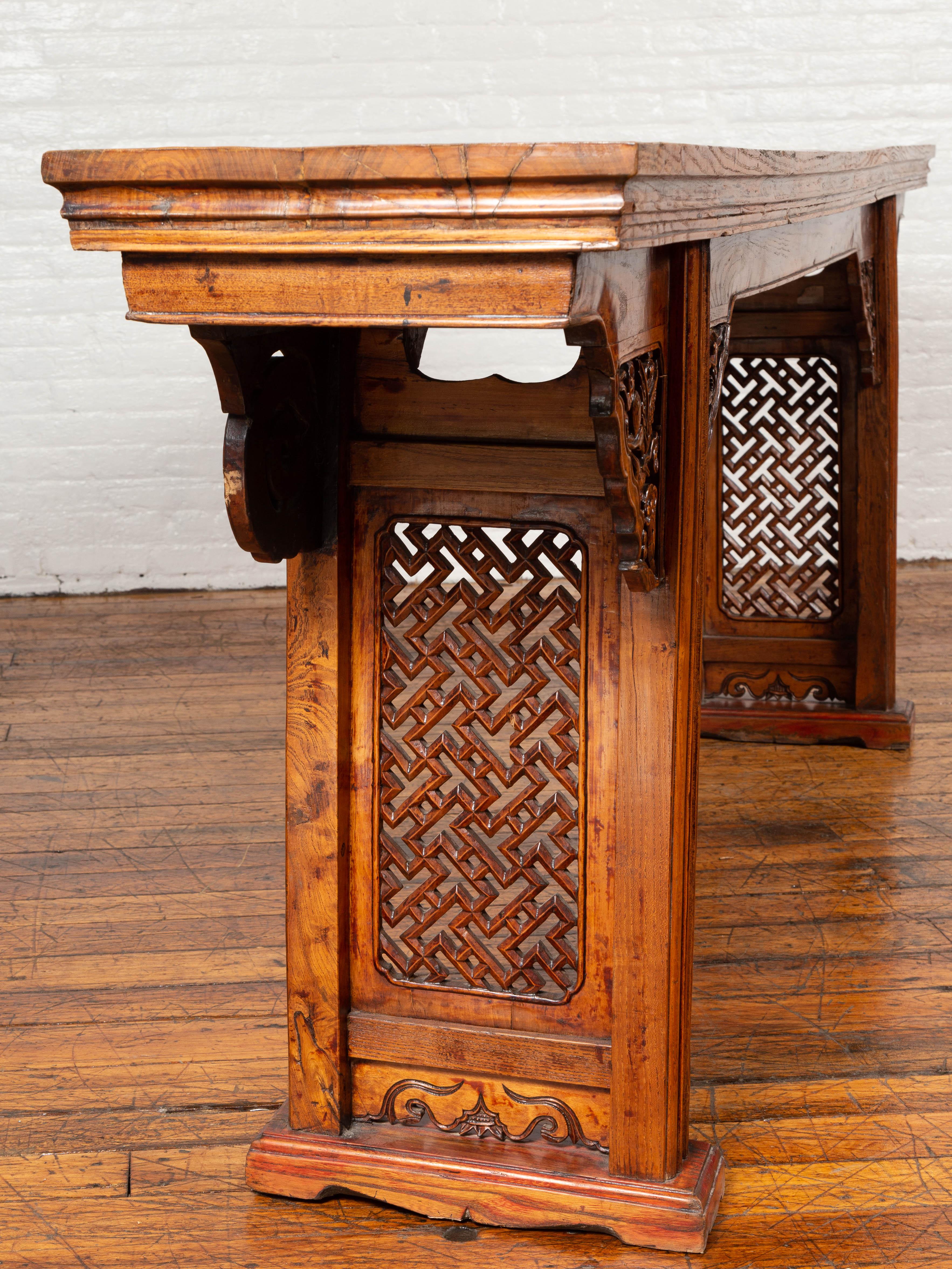 Chinese Ming Style Altar Console Table with Bird-Carved Spandrels and Fretwork 5