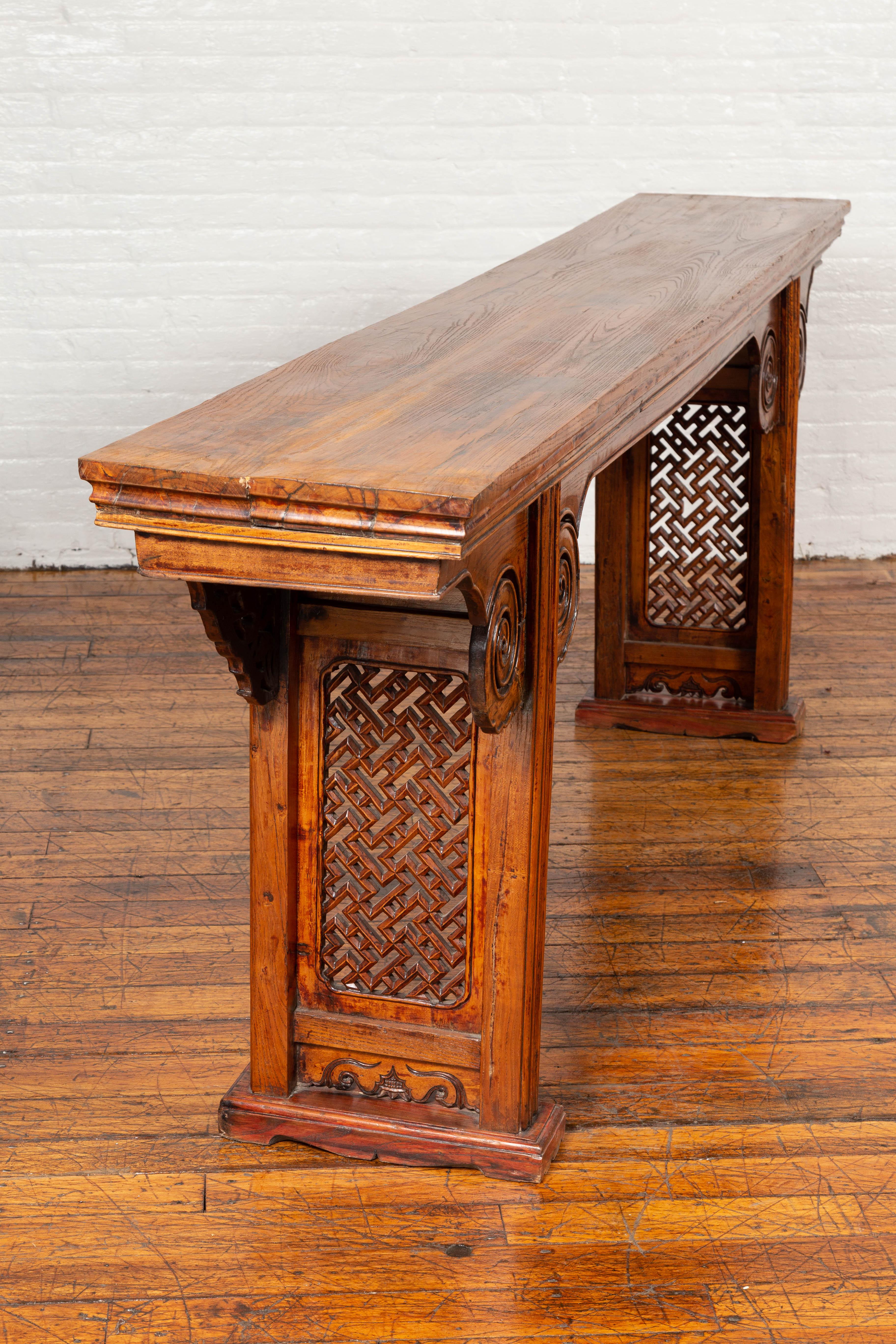 Chinese Ming Style Altar Console Table with Bird-Carved Spandrels and Fretwork 13