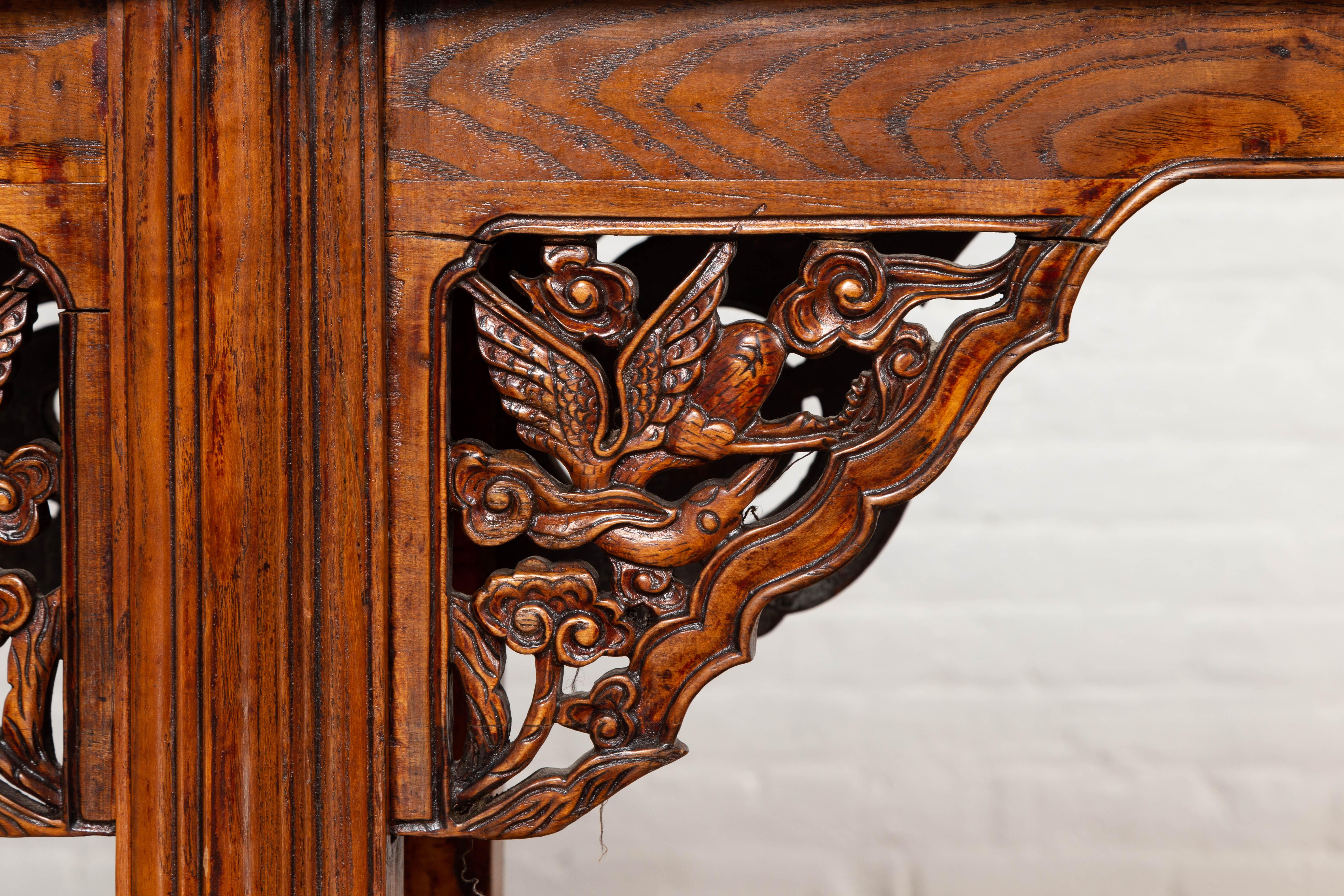 19th Century Chinese Ming Style Altar Console Table with Bird-Carved Spandrels and Fretwork