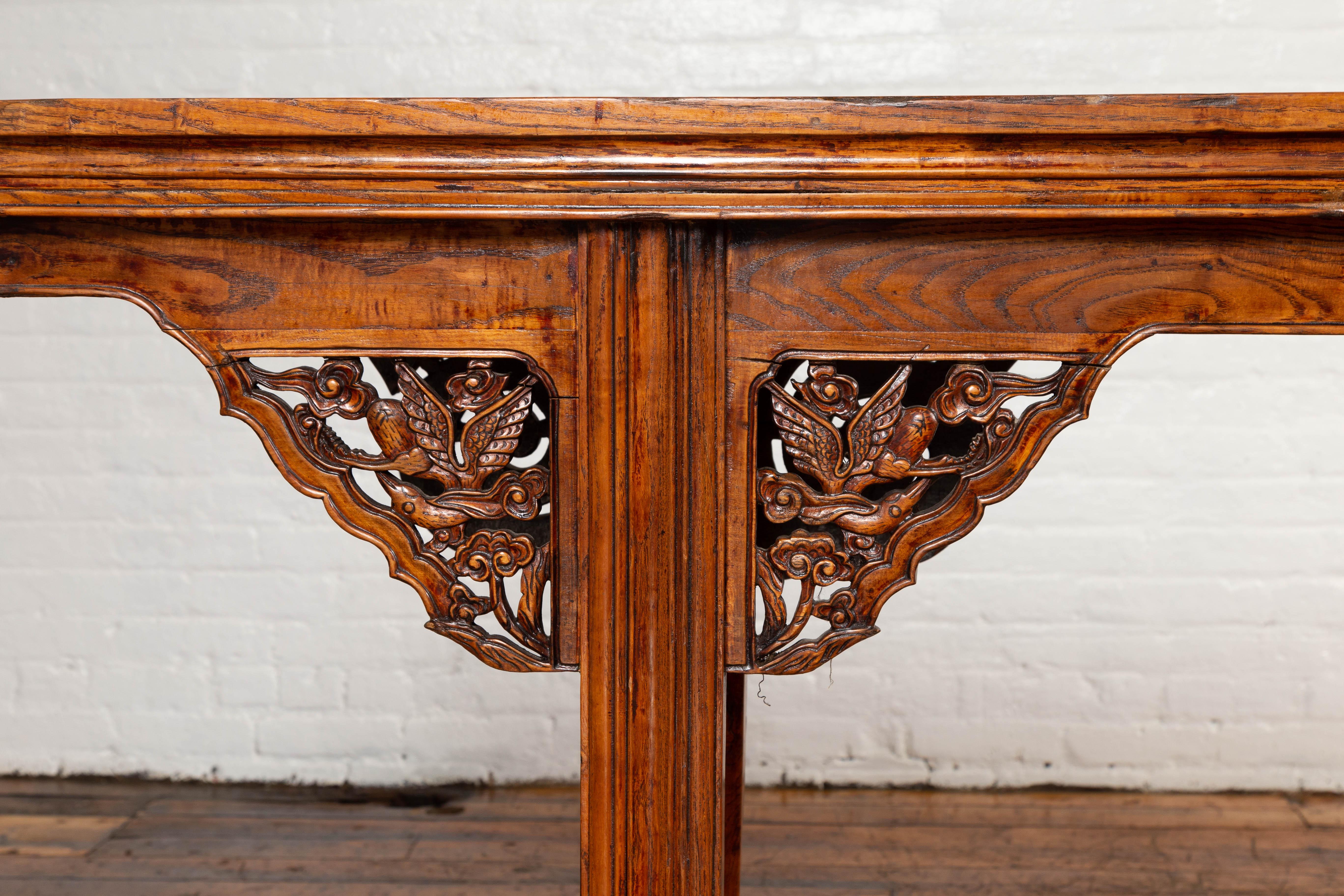 Wood Chinese Ming Style Altar Console Table with Bird-Carved Spandrels and Fretwork