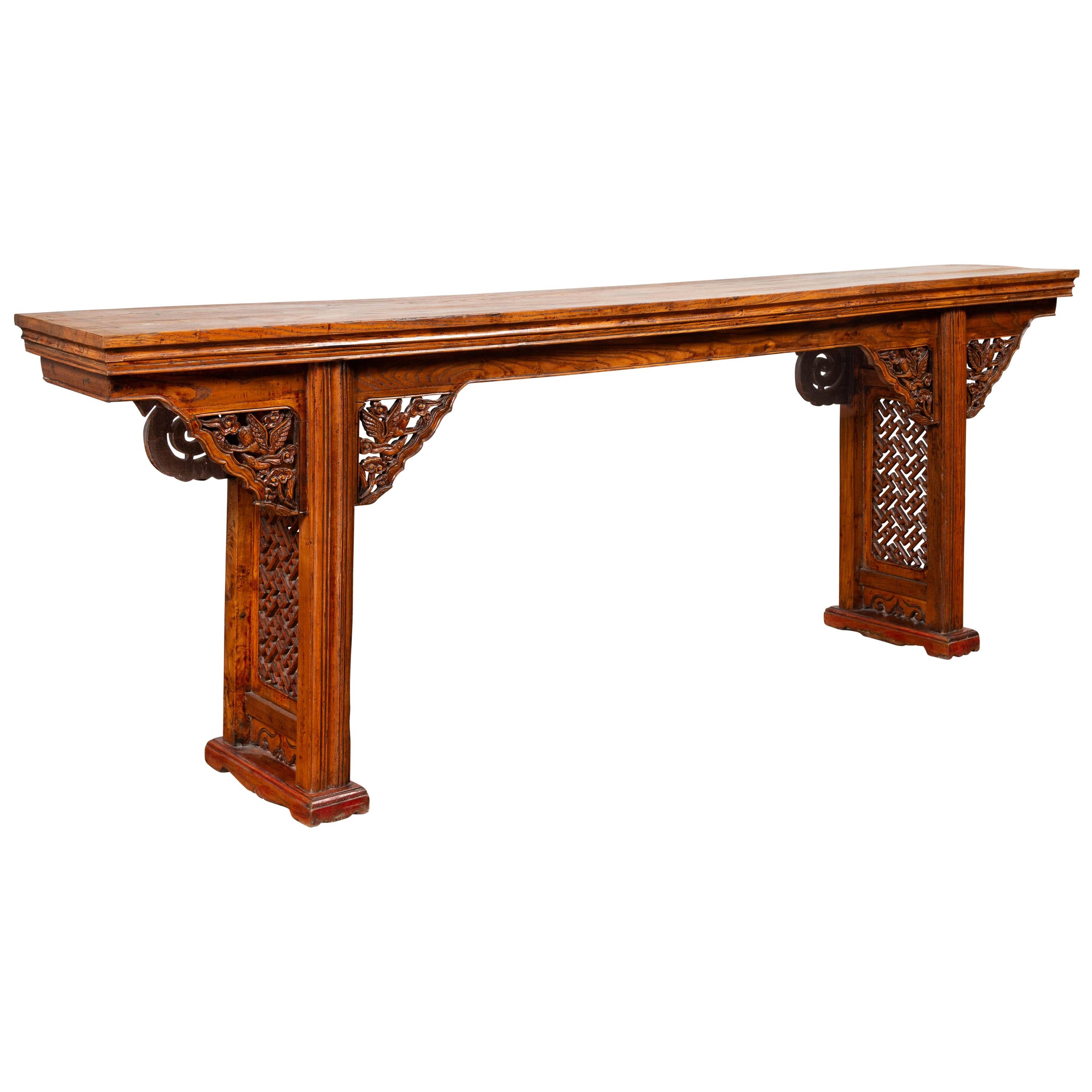 Chinese Ming Style Altar Console Table with Bird-Carved Spandrels and Fretwork