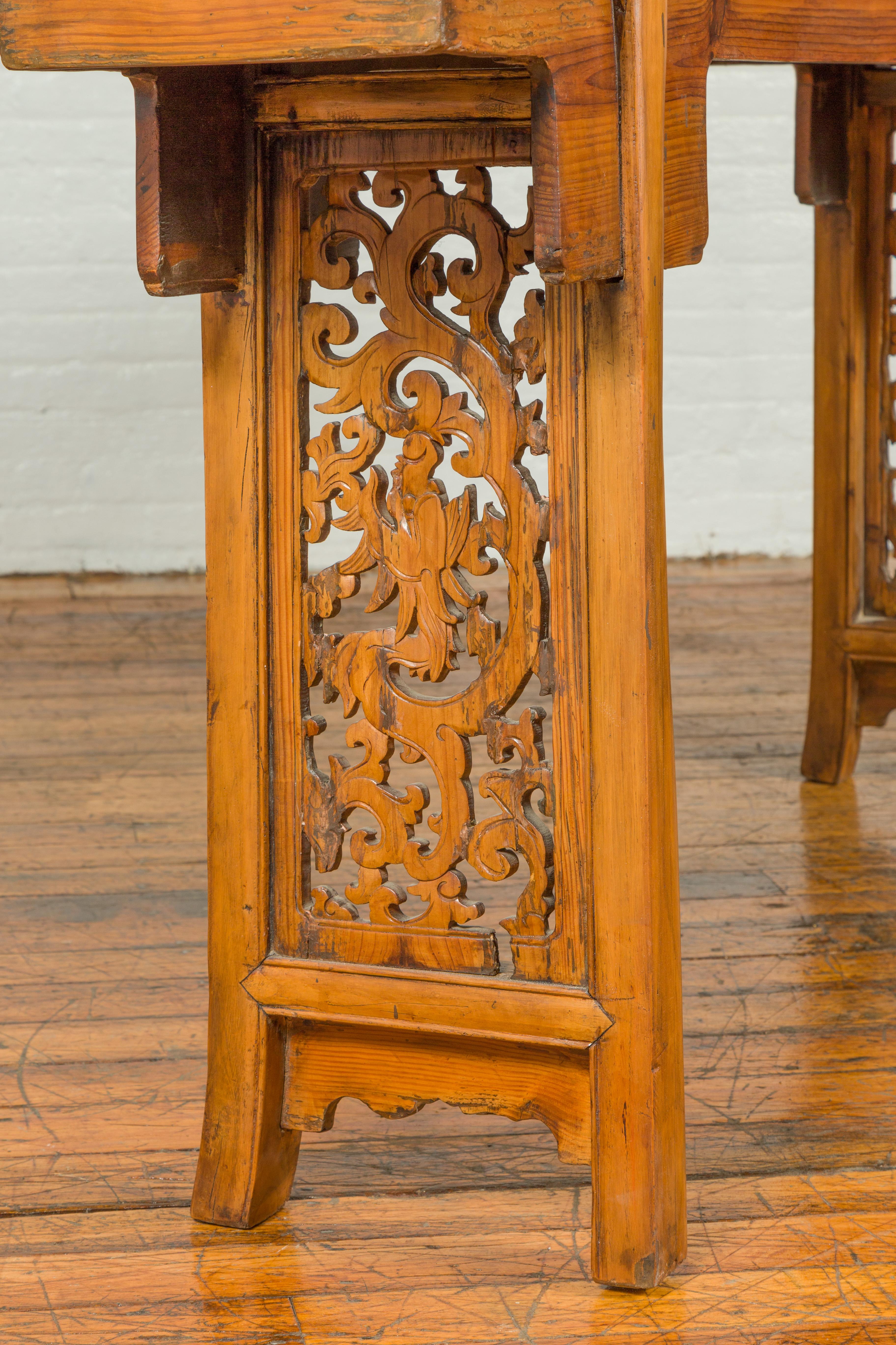 Chinese Ming Style Altar Table with Foliage Carved Frieze and Open Fretwork For Sale 8