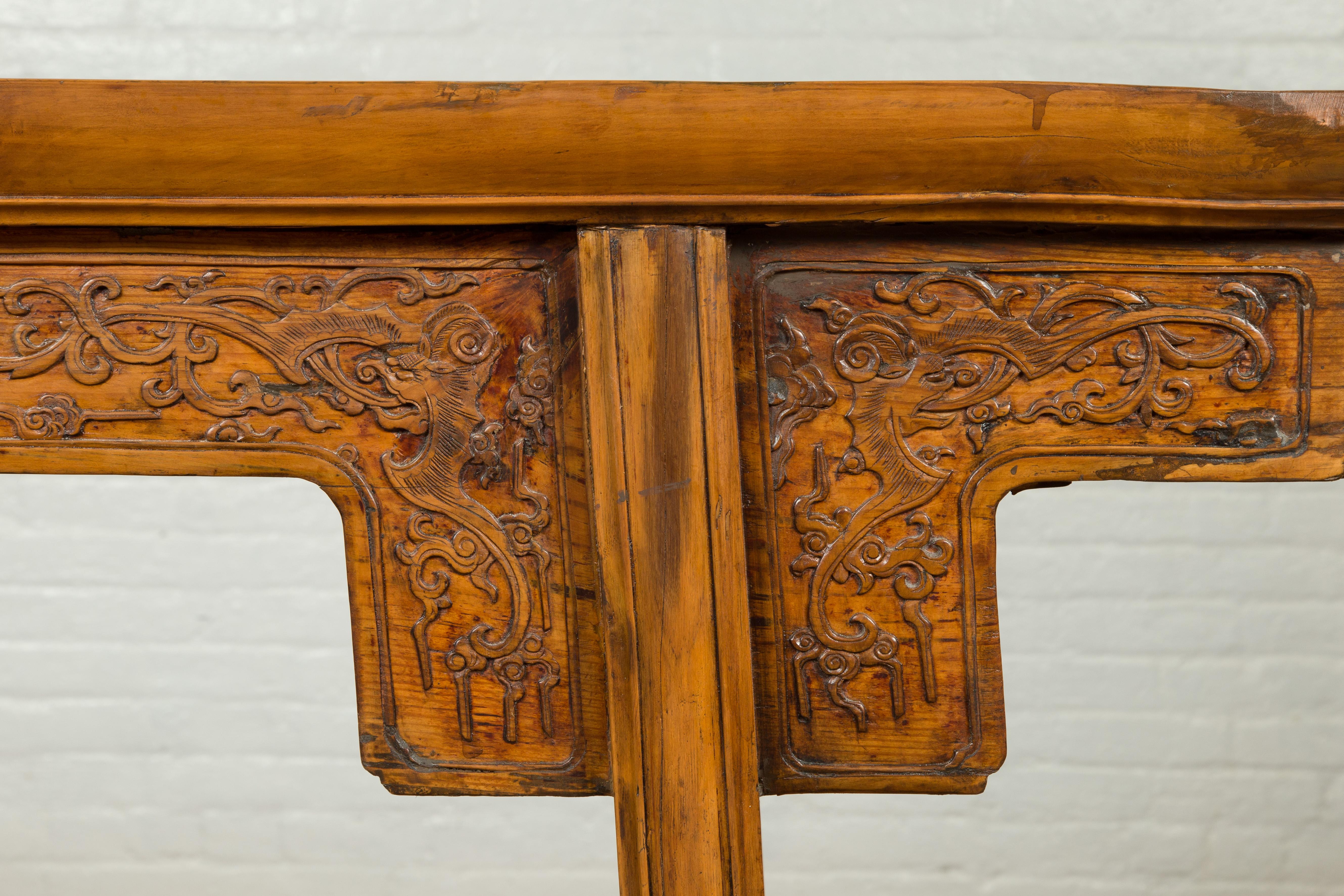 Chinese Ming Style Altar Table with Foliage Carved Frieze and Open Fretwork In Good Condition For Sale In Yonkers, NY