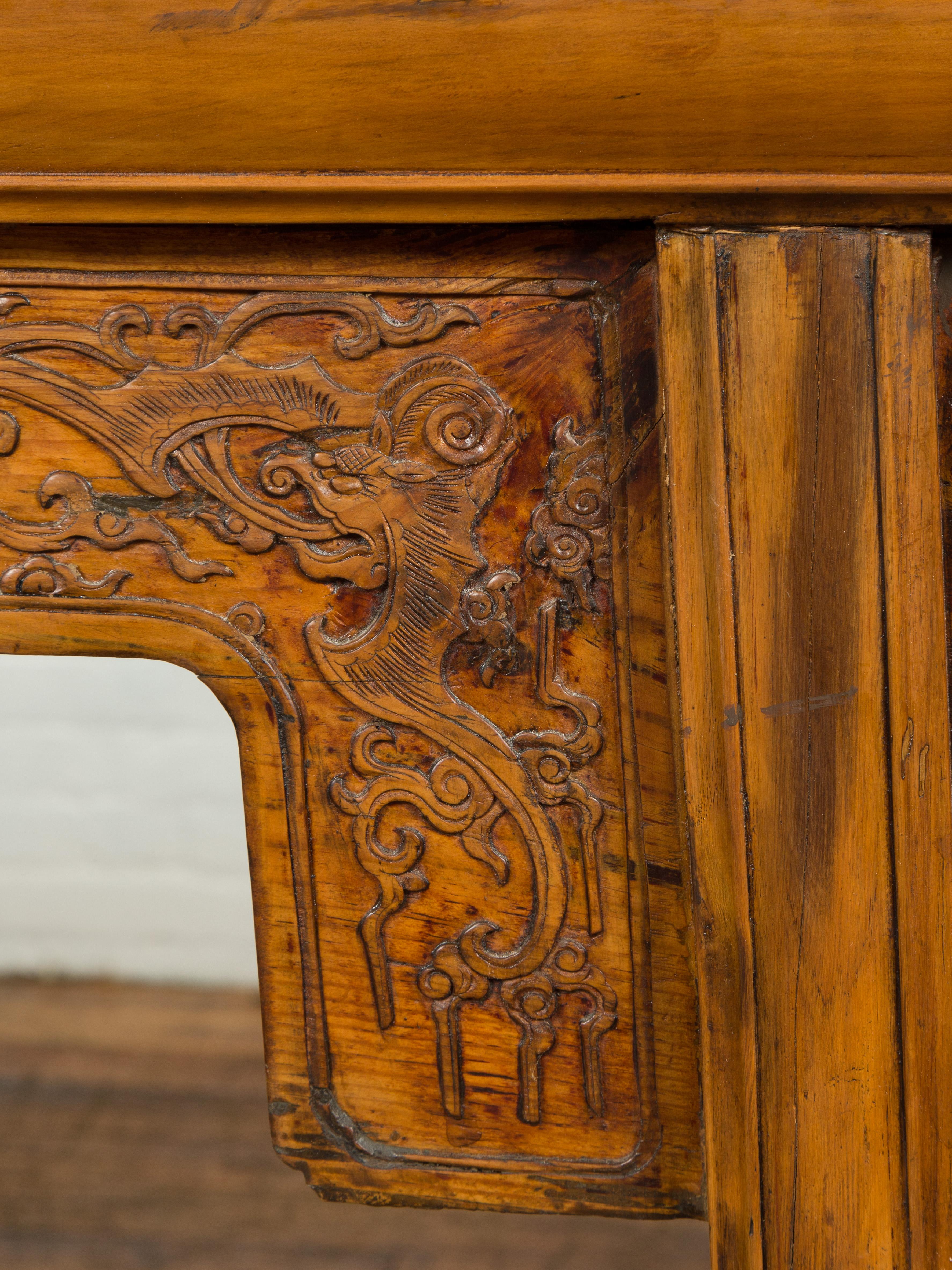 19th Century Chinese Ming Style Altar Table with Foliage Carved Frieze and Open Fretwork For Sale