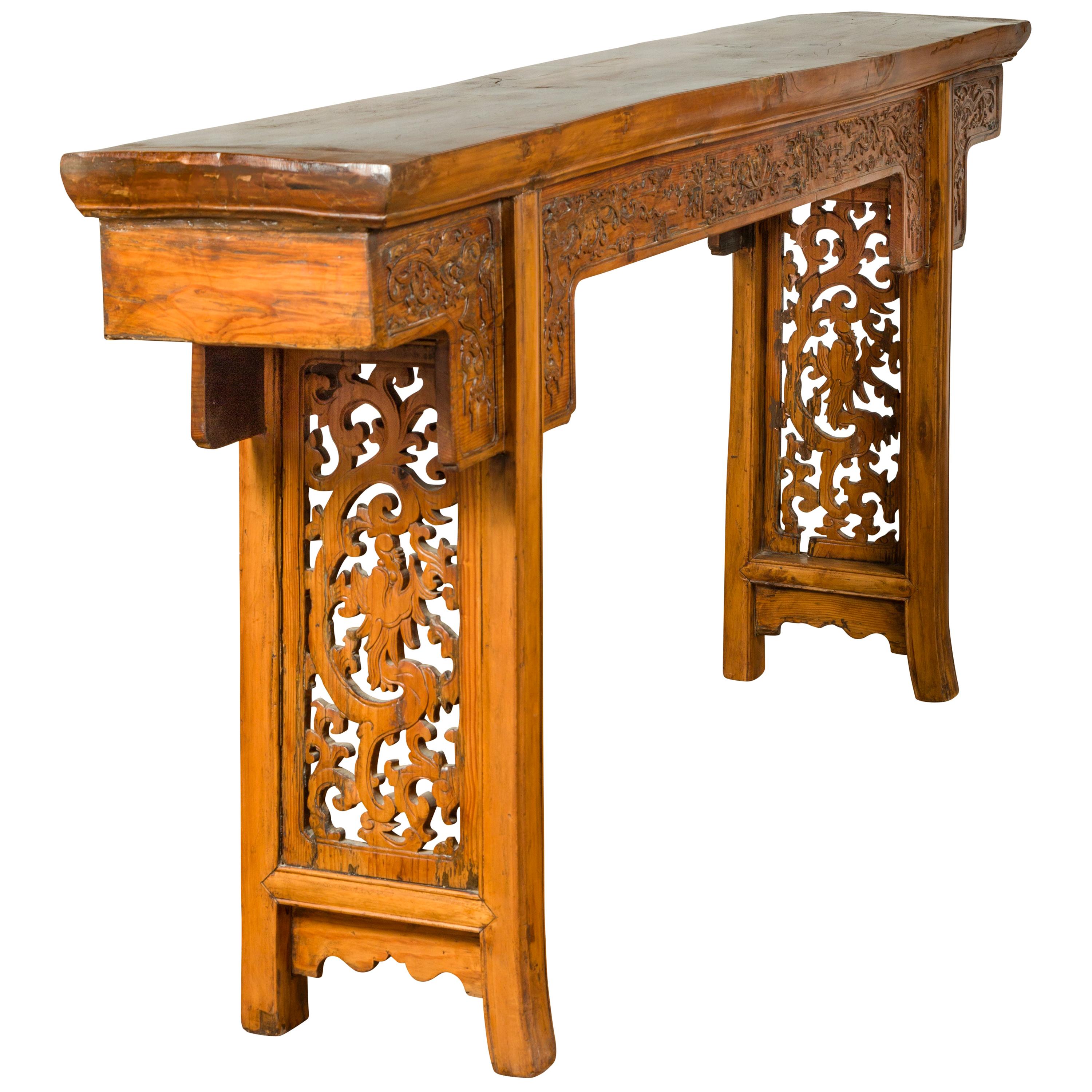 Chinese Ming Style Altar Table with Foliage Carved Frieze and Open Fretwork