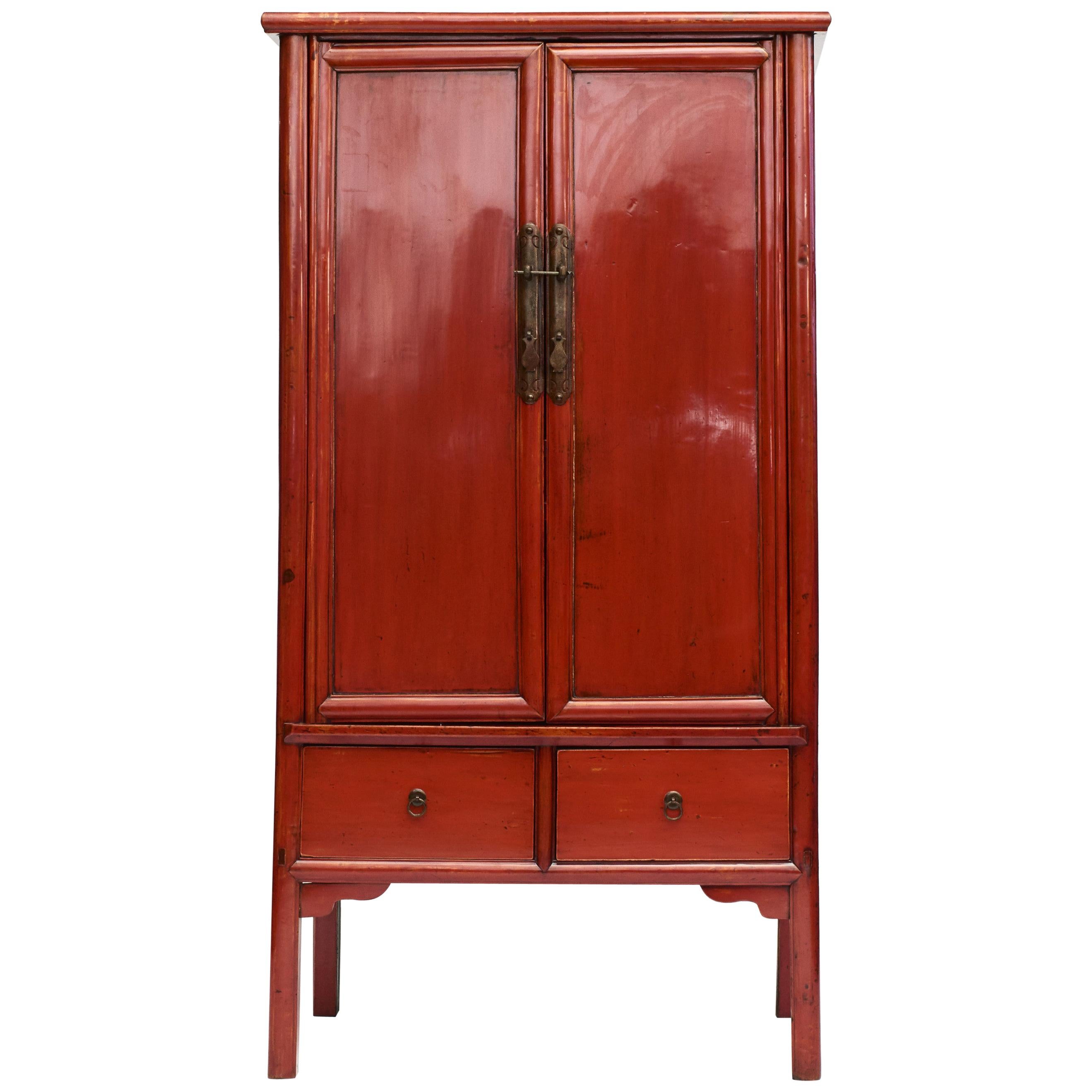 Chinese Ming Style Cabinet with Original Red Lacquer, 1840-1860