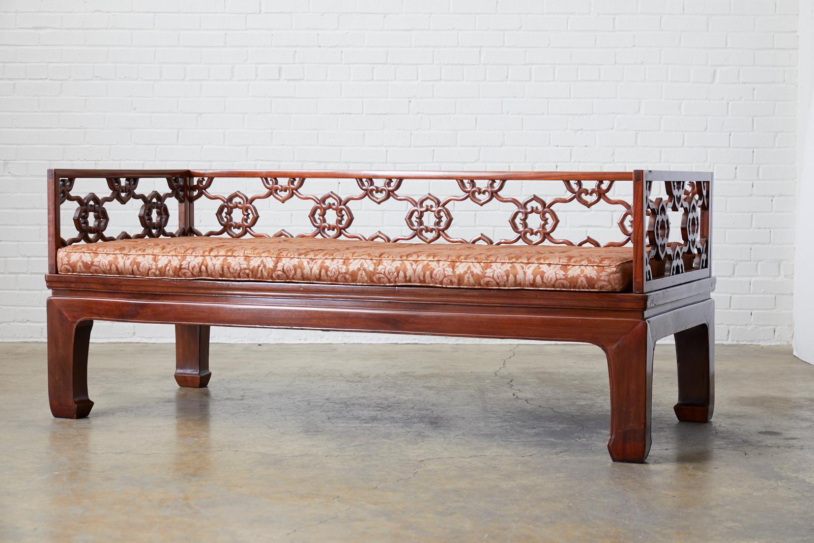 Fabric Chinese Ming Style Carved Daybed with Grasscloth