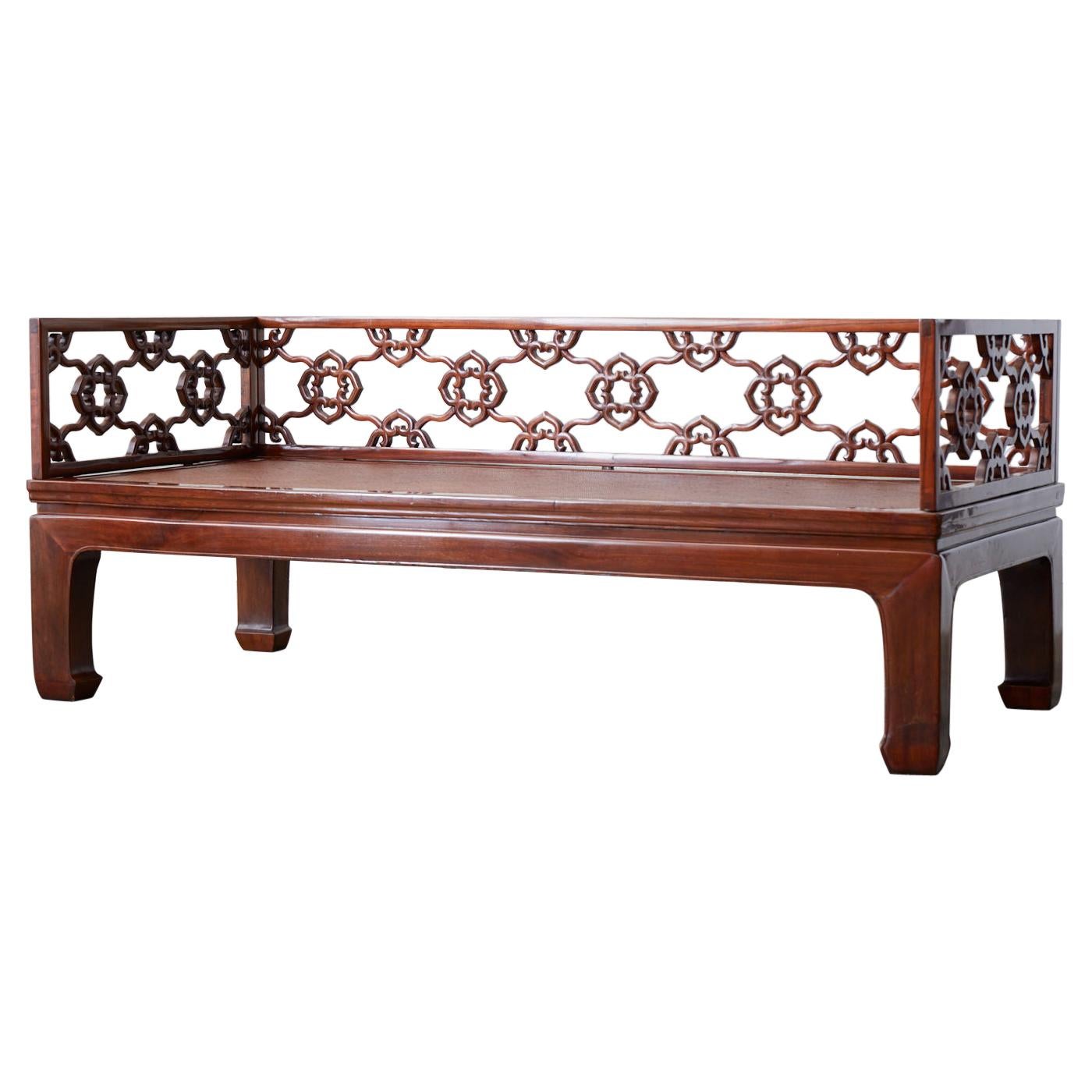 Chinese Ming Style Carved Daybed with Grasscloth