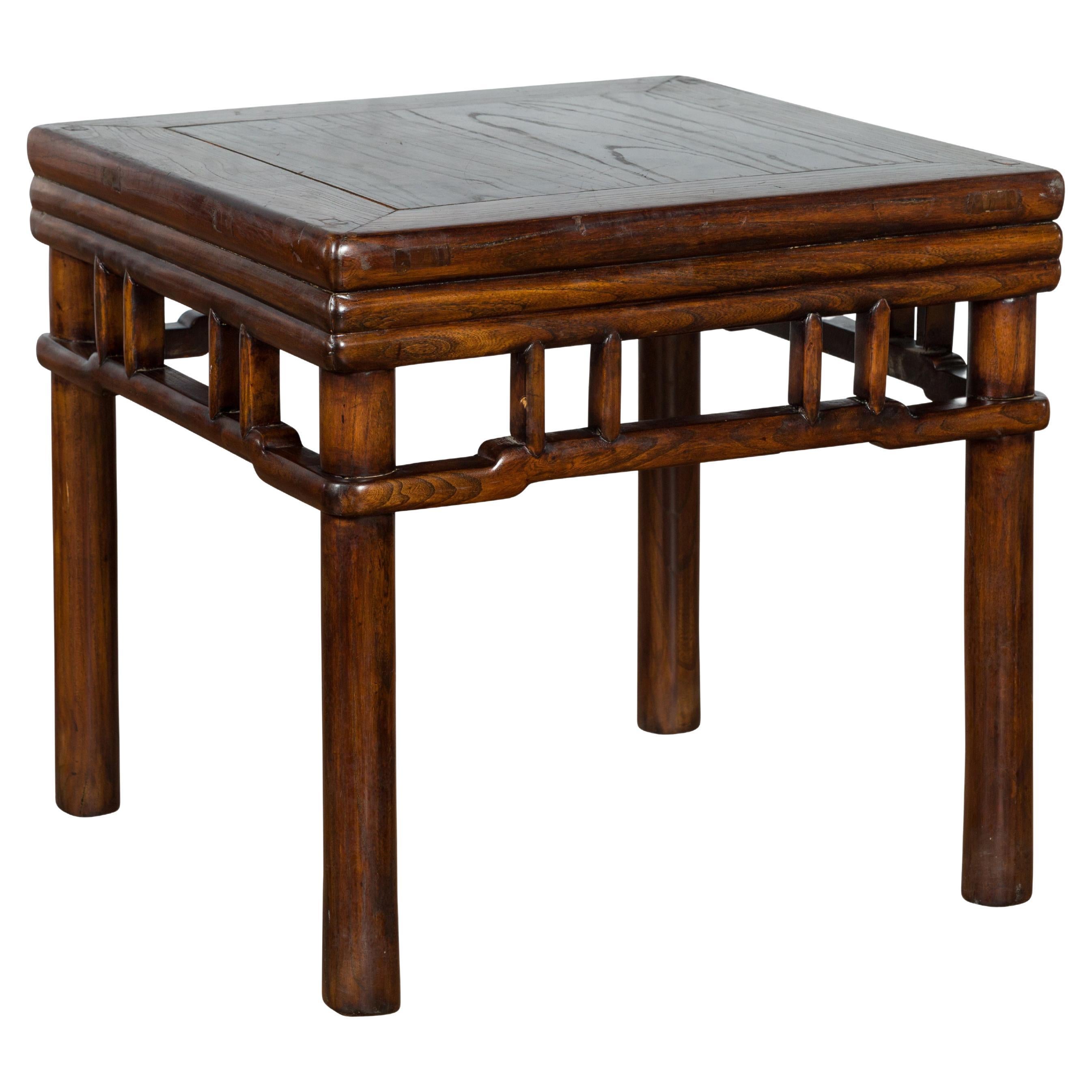 Chinese Ming Style Early 20th Century Brown Drink Table with Pillar Strut Motifs For Sale