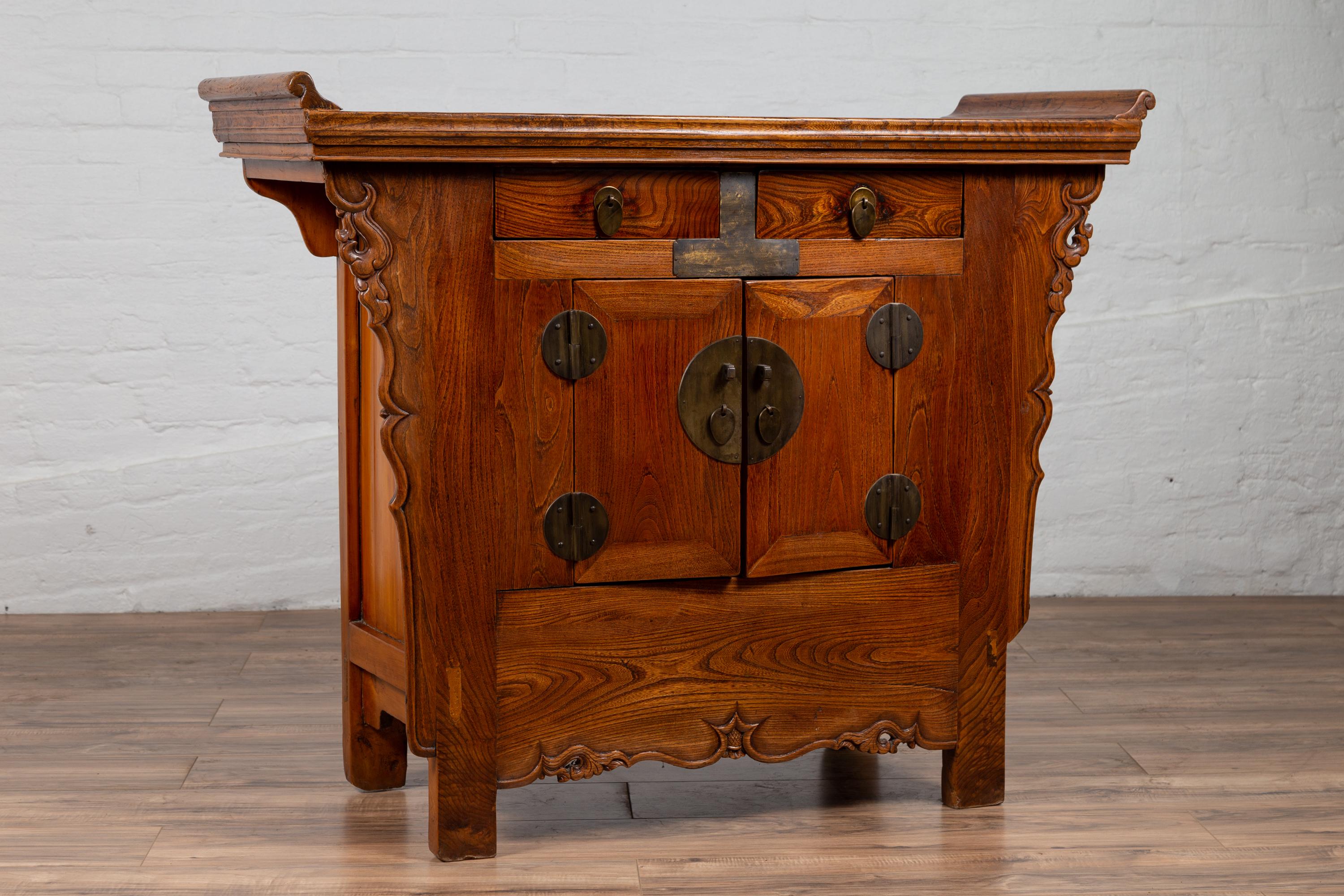 Chinese Ming Style Elm Altar Cabinet with Carved Sides, Drawers and Doors For Sale 5