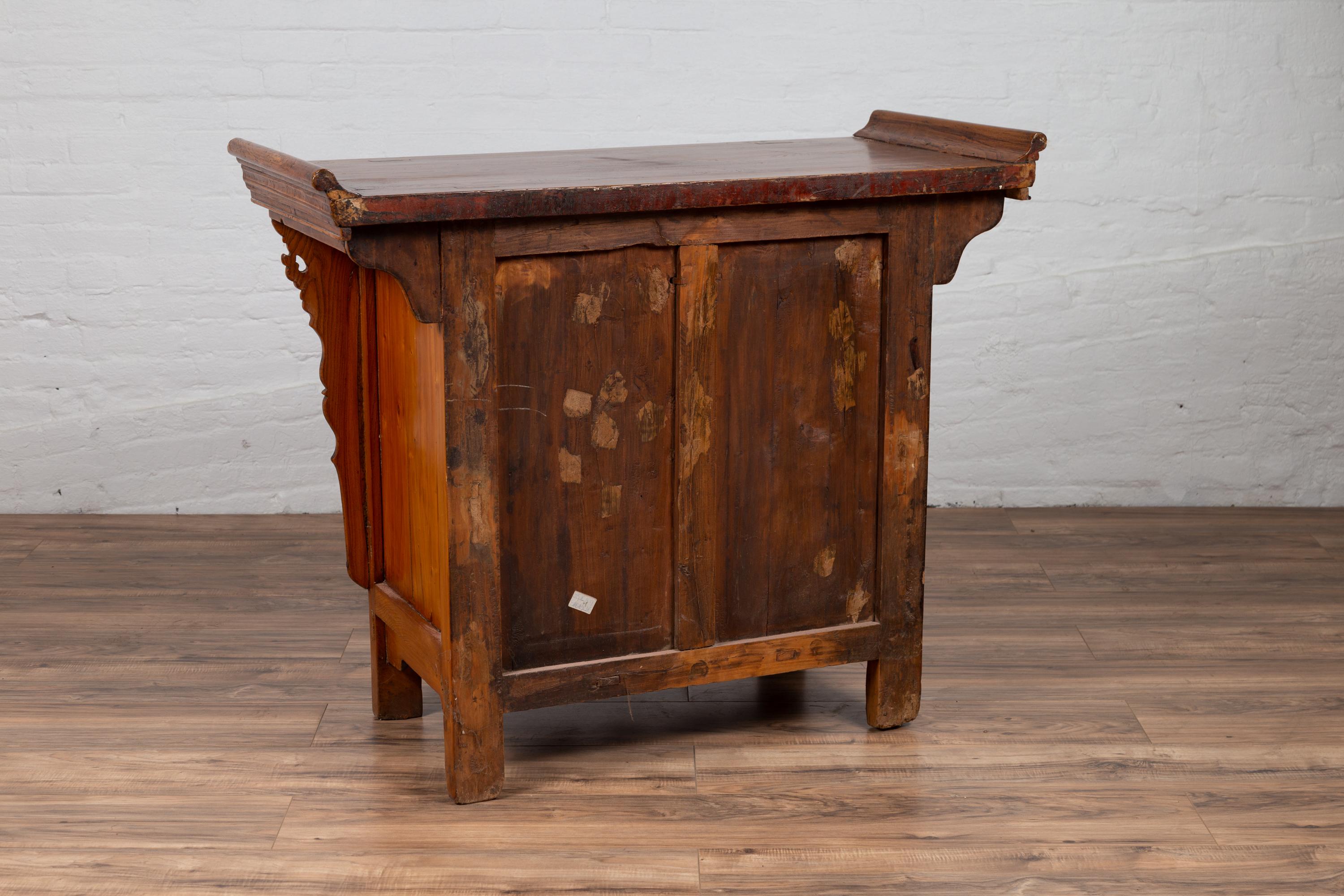 Chinese Ming Style Elm Altar Cabinet with Carved Sides, Drawers and Doors For Sale 9