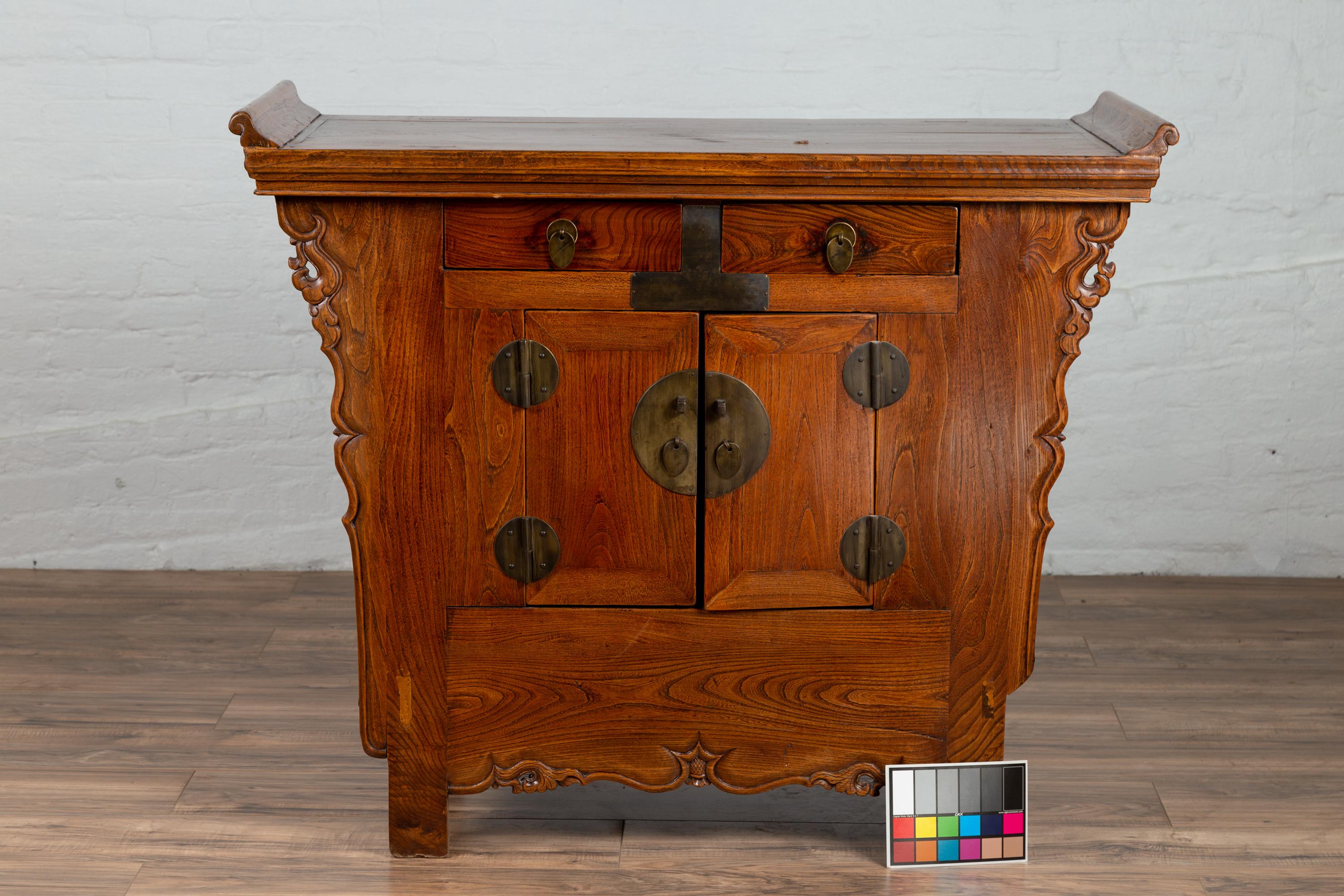 Chinese Ming Style Elm Altar Cabinet with Carved Sides, Drawers and Doors For Sale 10