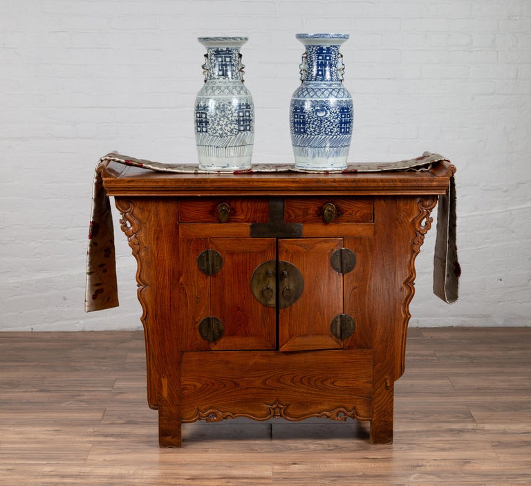 Chinese Ming Style Elm Altar Cabinet With Carved Sides Drawers