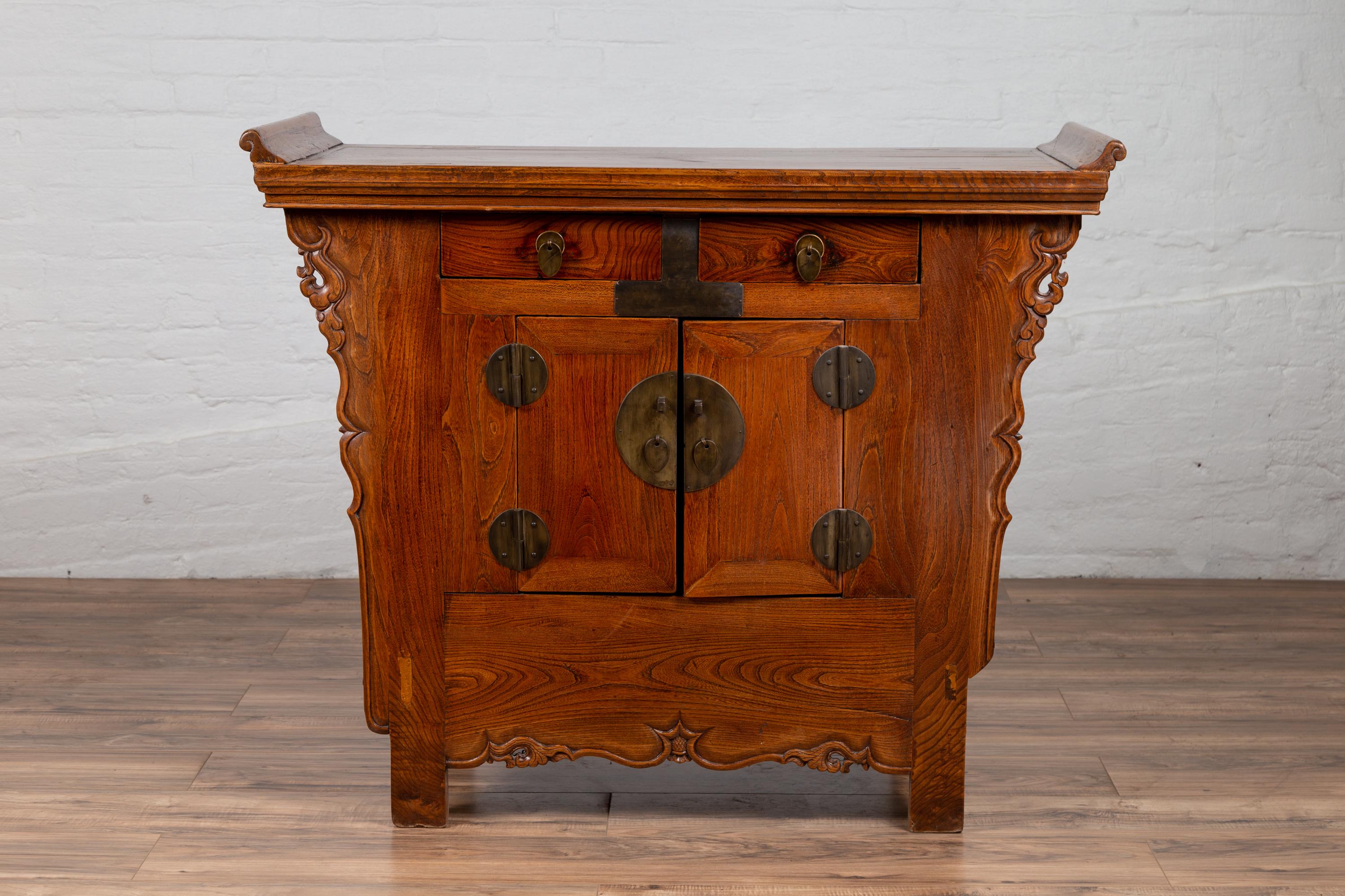 Chinese Ming Style Elm Altar Cabinet with Carved Sides, Drawers and Doors In Good Condition For Sale In Yonkers, NY