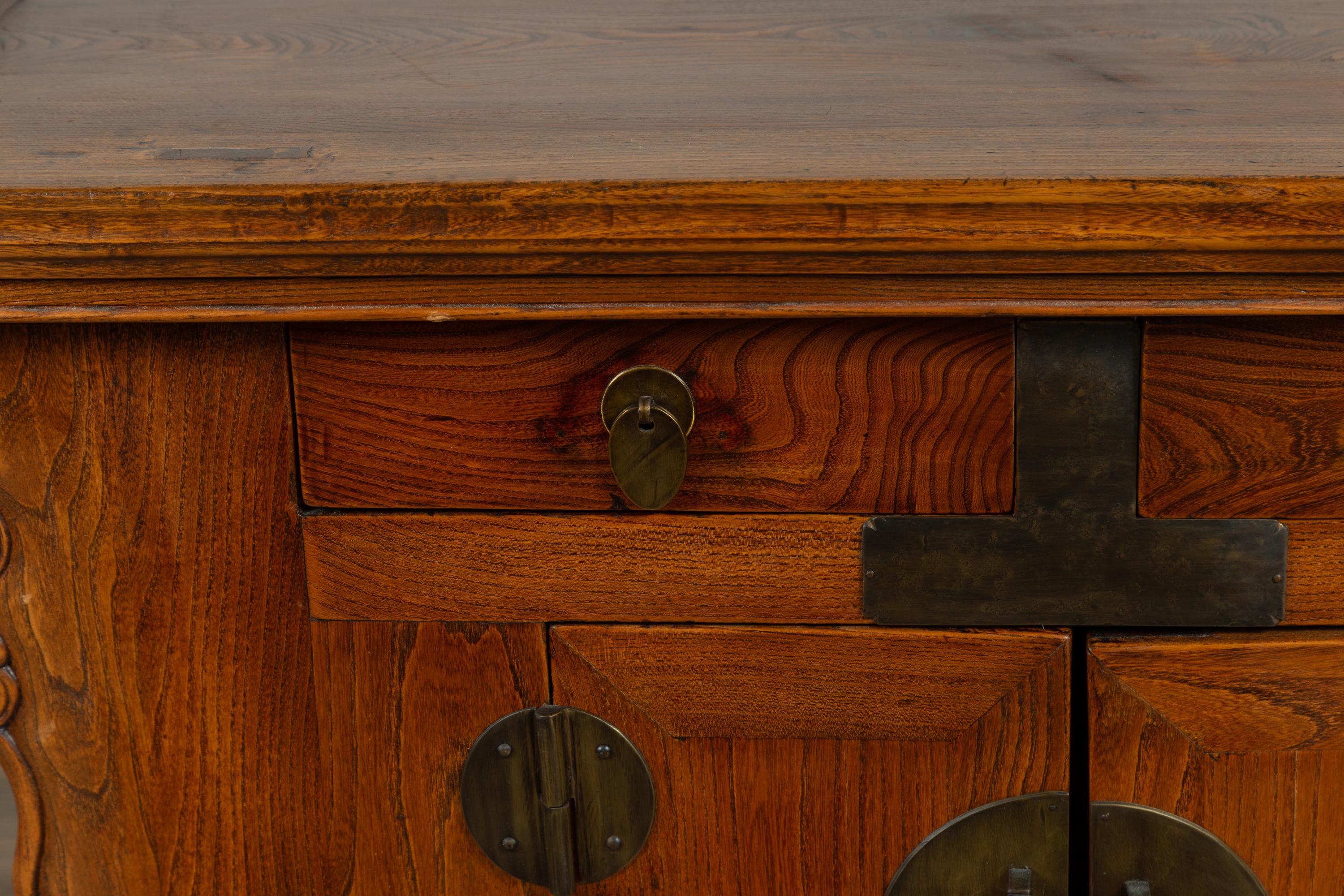 19th Century Chinese Ming Style Elm Altar Cabinet with Carved Sides, Drawers and Doors For Sale