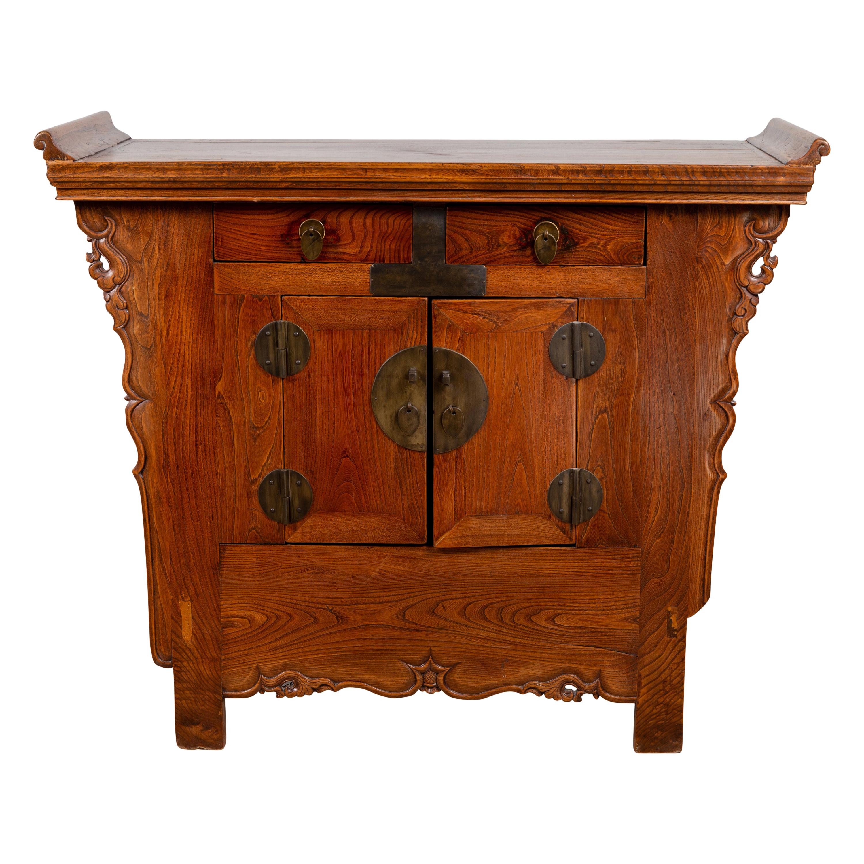 solid elm chinese carved cabinet with key carving 35 h