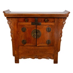 Used Chinese Ming Style Elm Altar Cabinet with Carved Sides, Drawers and Doors