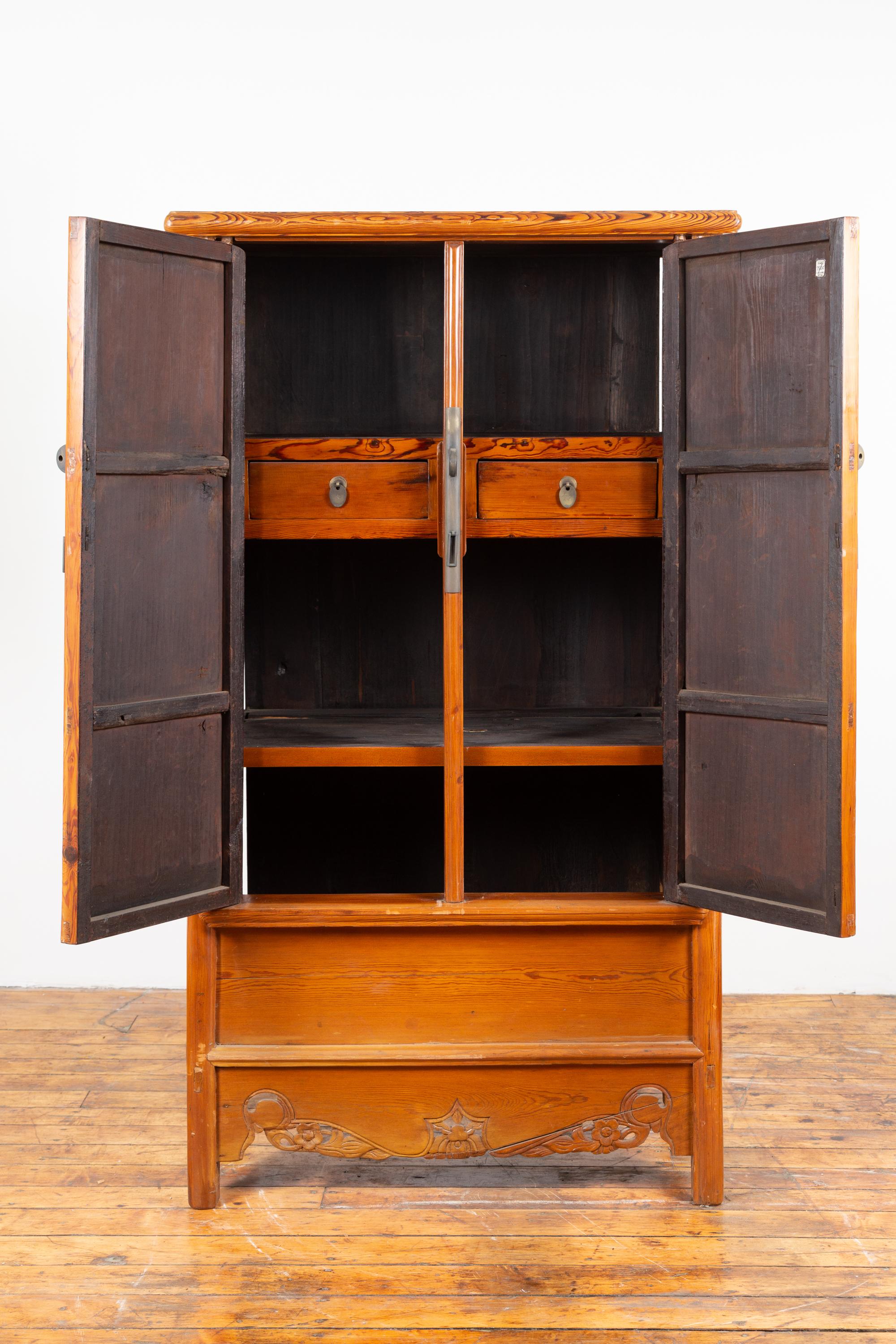 Chinese Ming Style Elm Wardrobe with Two Doors, Hidden Drawers and Carved Skirt For Sale 2