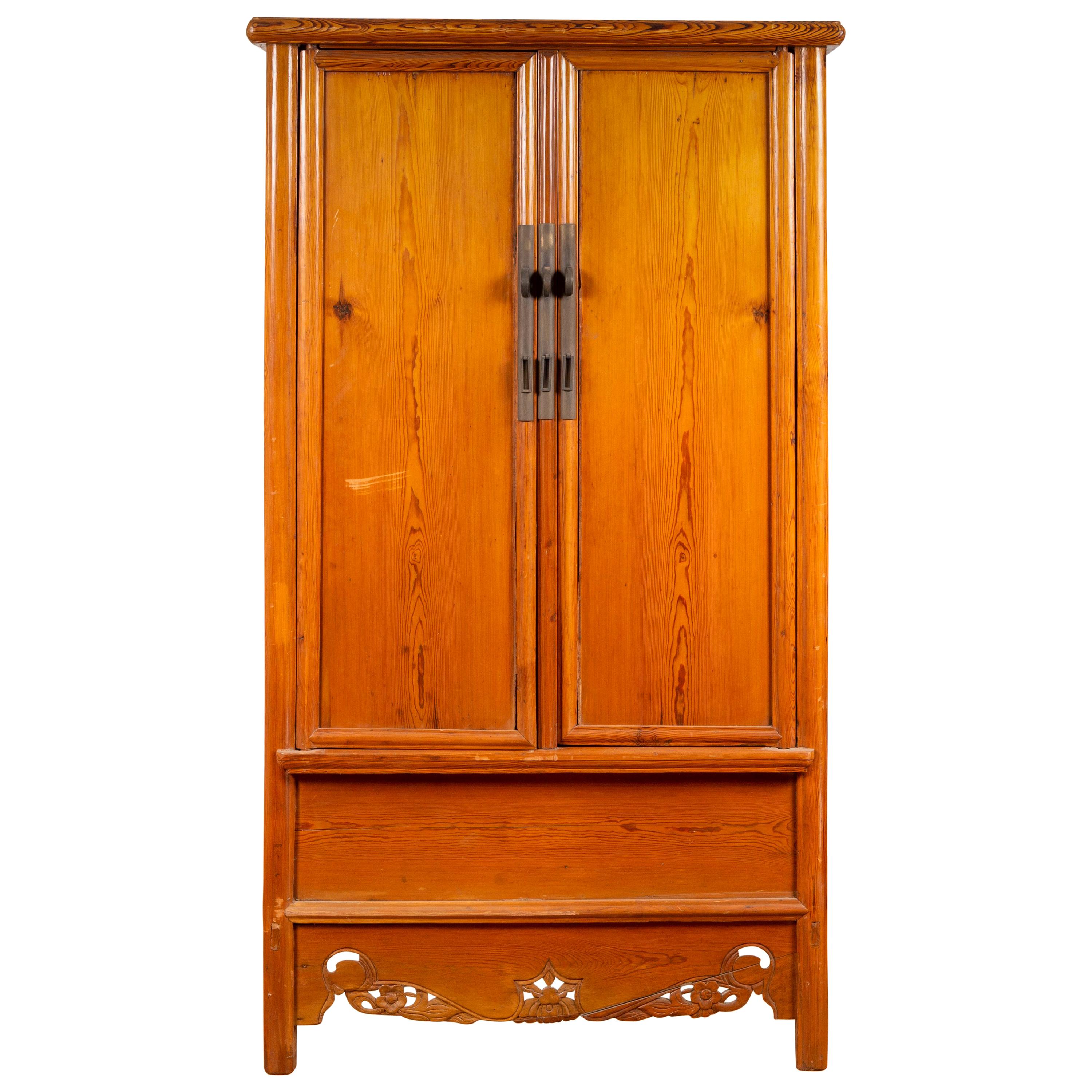 Chinese Ming Style Elm Wardrobe with Two Doors, Hidden Drawers and Carved Skirt For Sale