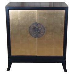 Vintage Chinese Ming Style Elm Wood Gold Leaf Two Door Tang Media Console Cabinet 36"