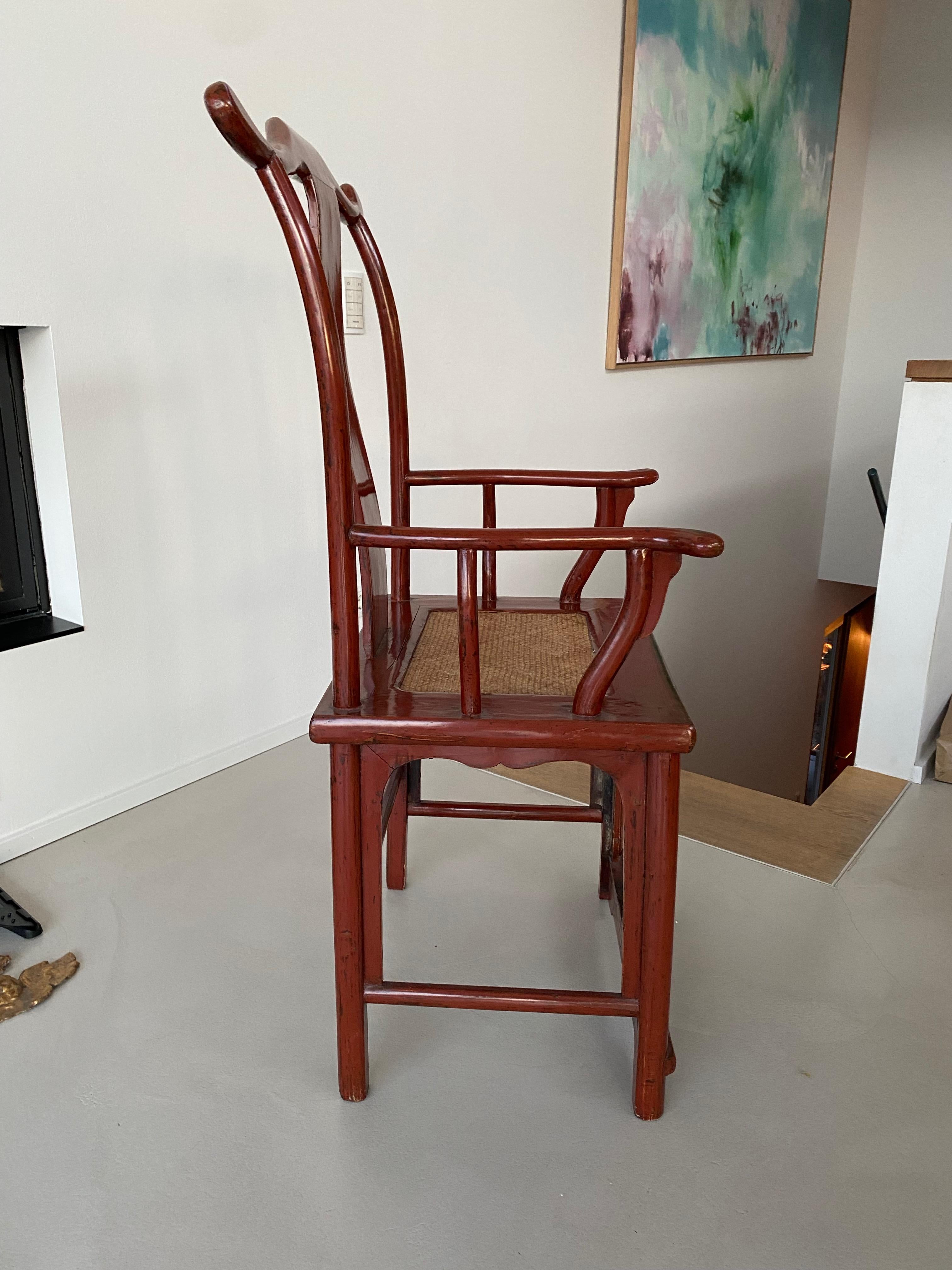 Qing Chinese Ming Style High Back Chair, Red Lacquer For Sale