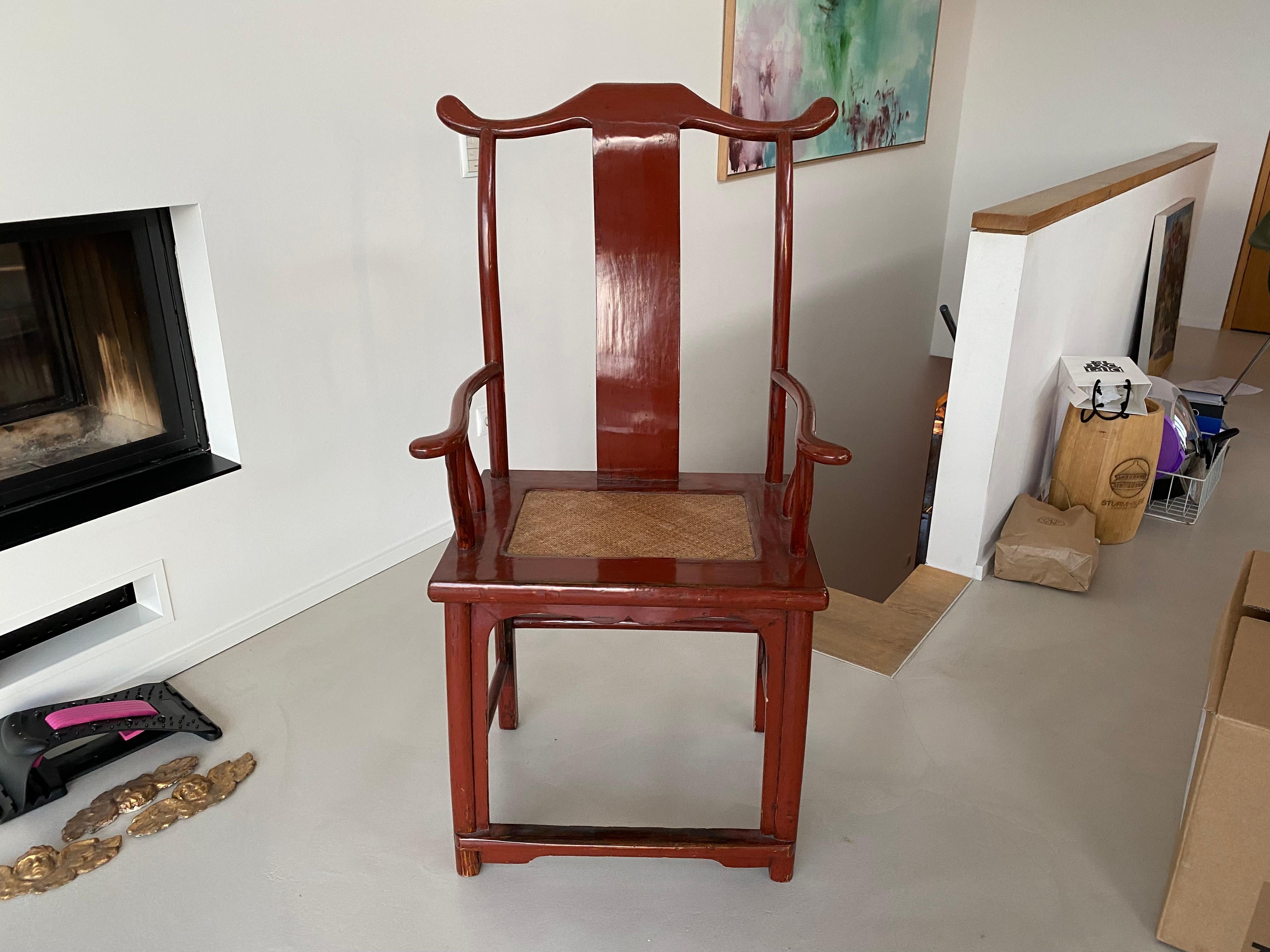 Lacquered Chinese Ming Style High Back Chair, Red Lacquer For Sale