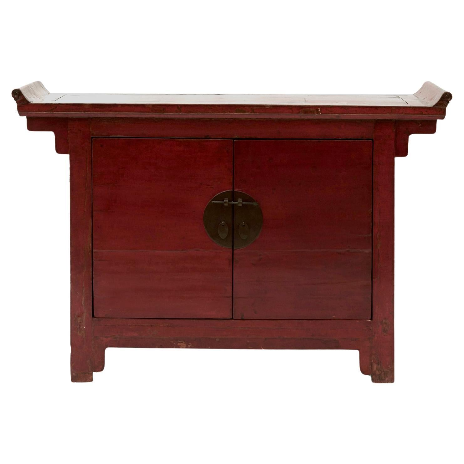Antique Chinese Ming Style Red Lacquer Altar Cabinet For Sale