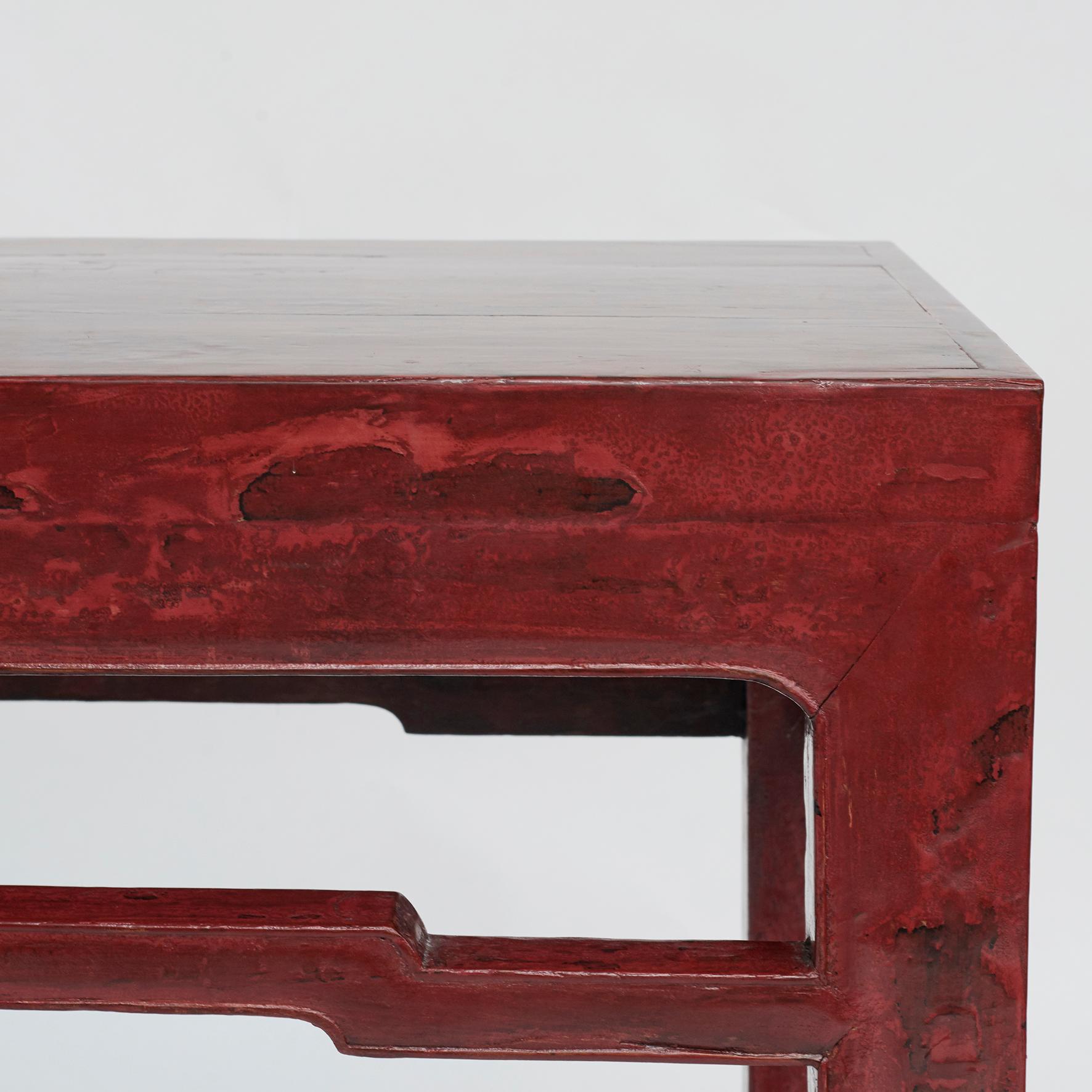 Lacquered Chinese Ming Style Red Lacquer Console Table For Sale