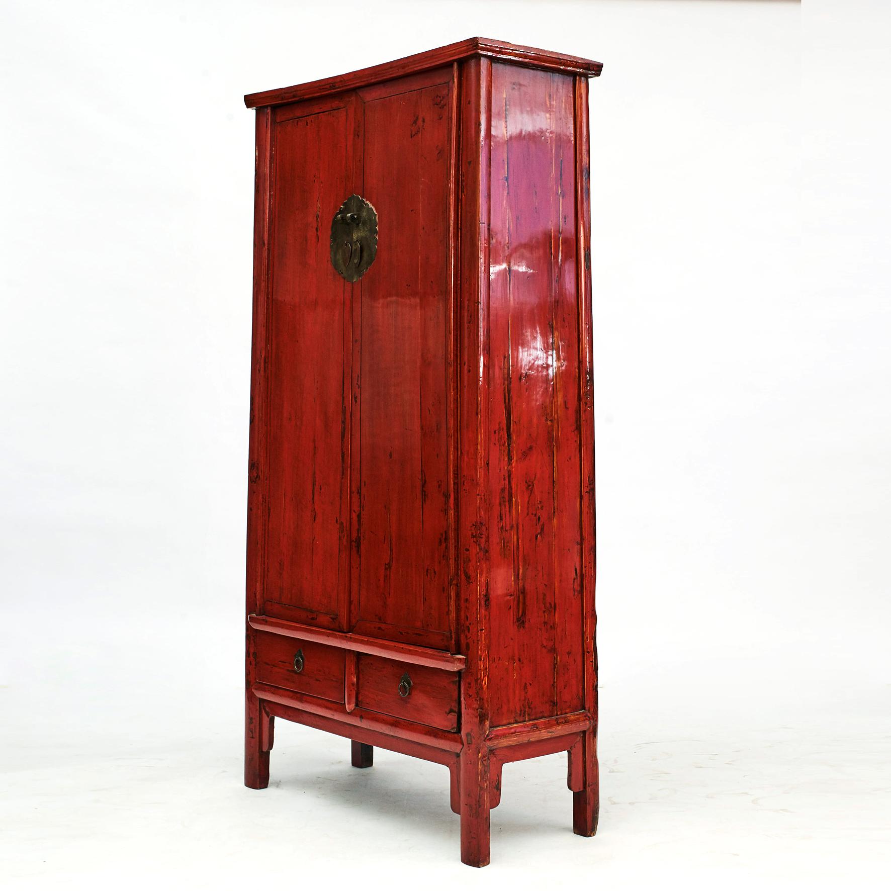 Chinese Ming Style Red Lacquered Wardrobe with Drawers and Shelves 5