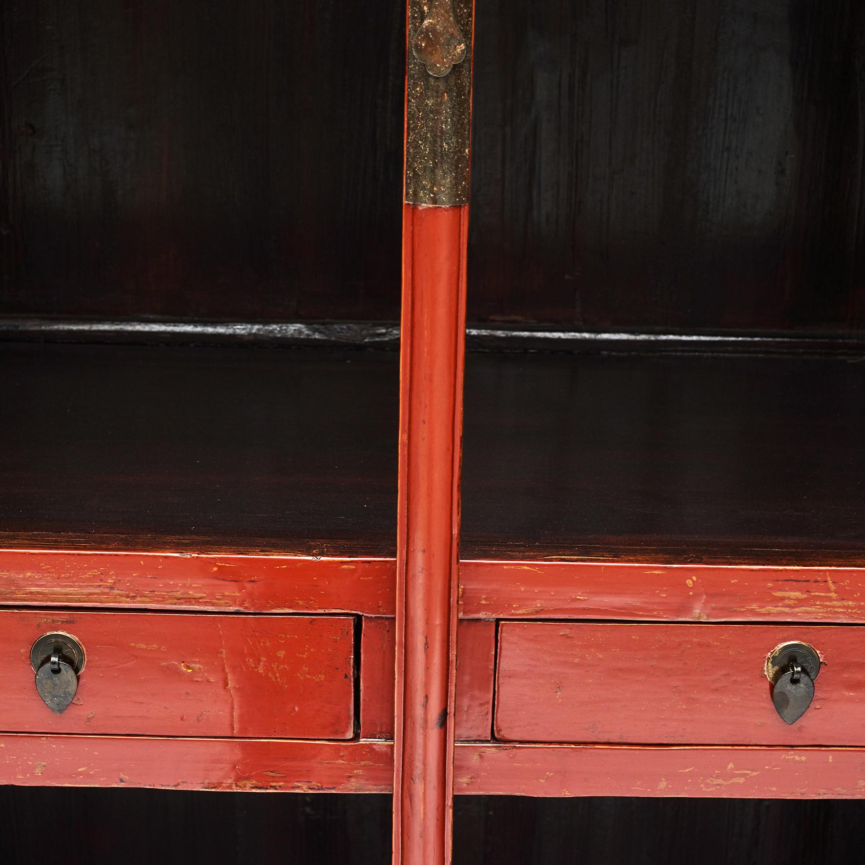 Brass Chinese Ming-Style Tapered Cabinet with Original Red Lacquer For Sale