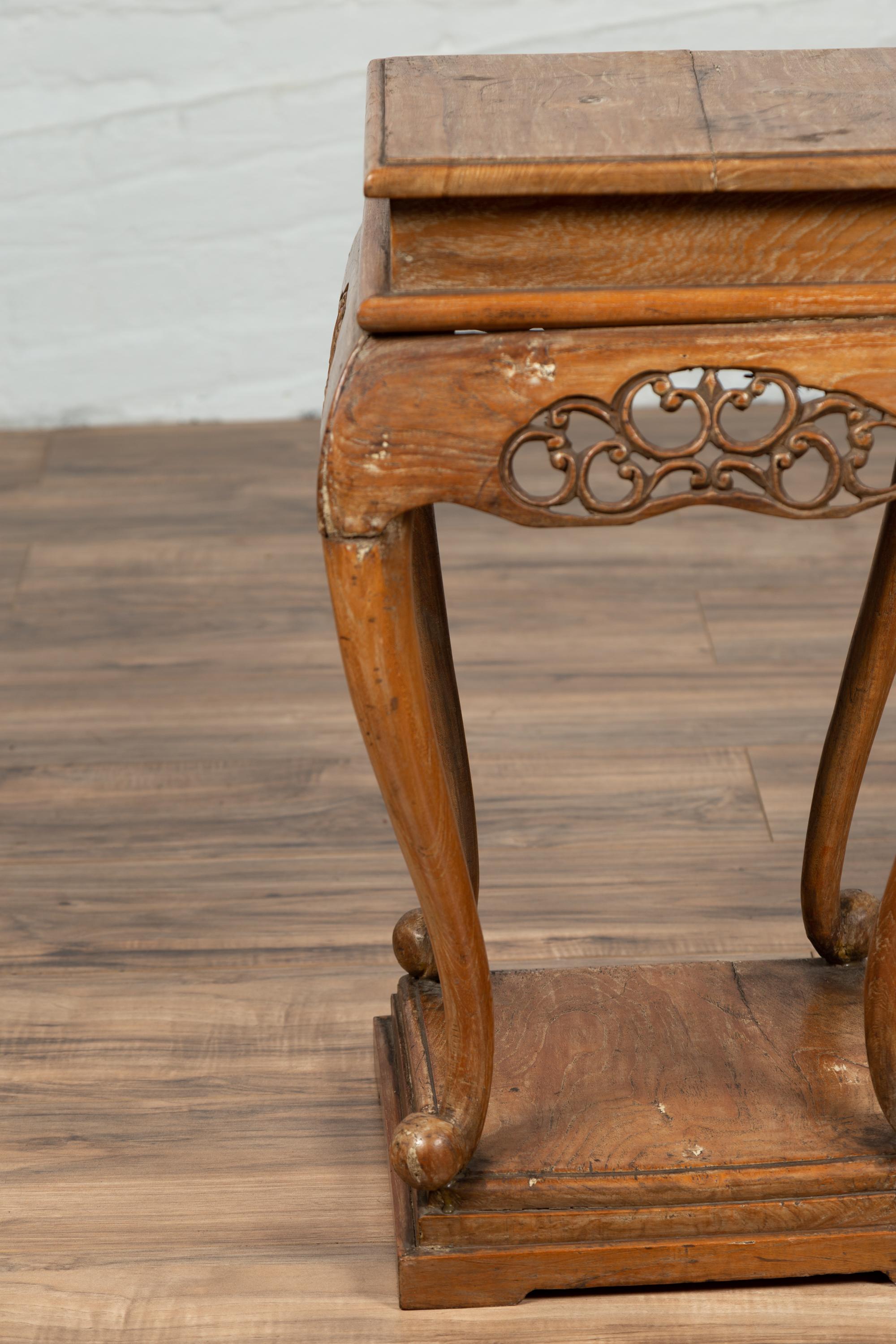 Chinese Ming Style Wooden Incense Stand with Cabriole Legs and Carved Apron For Sale 7