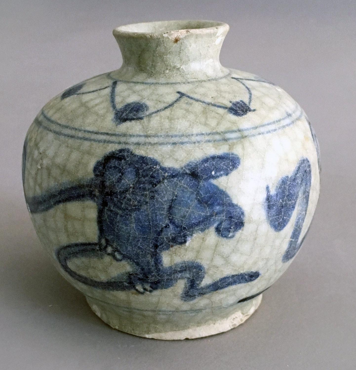 Set of four small porcelain blue and white jars from the Wanli Shipwreck of 1625. Two of the jars are decorated with dragons and snakes. The other two have floral designs.

As the story goes, around the year 1625, the Portuguese had acquired a
