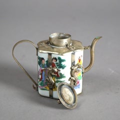 Chinese Miniature Porcelain Teapot with Silver Overlay 20thC