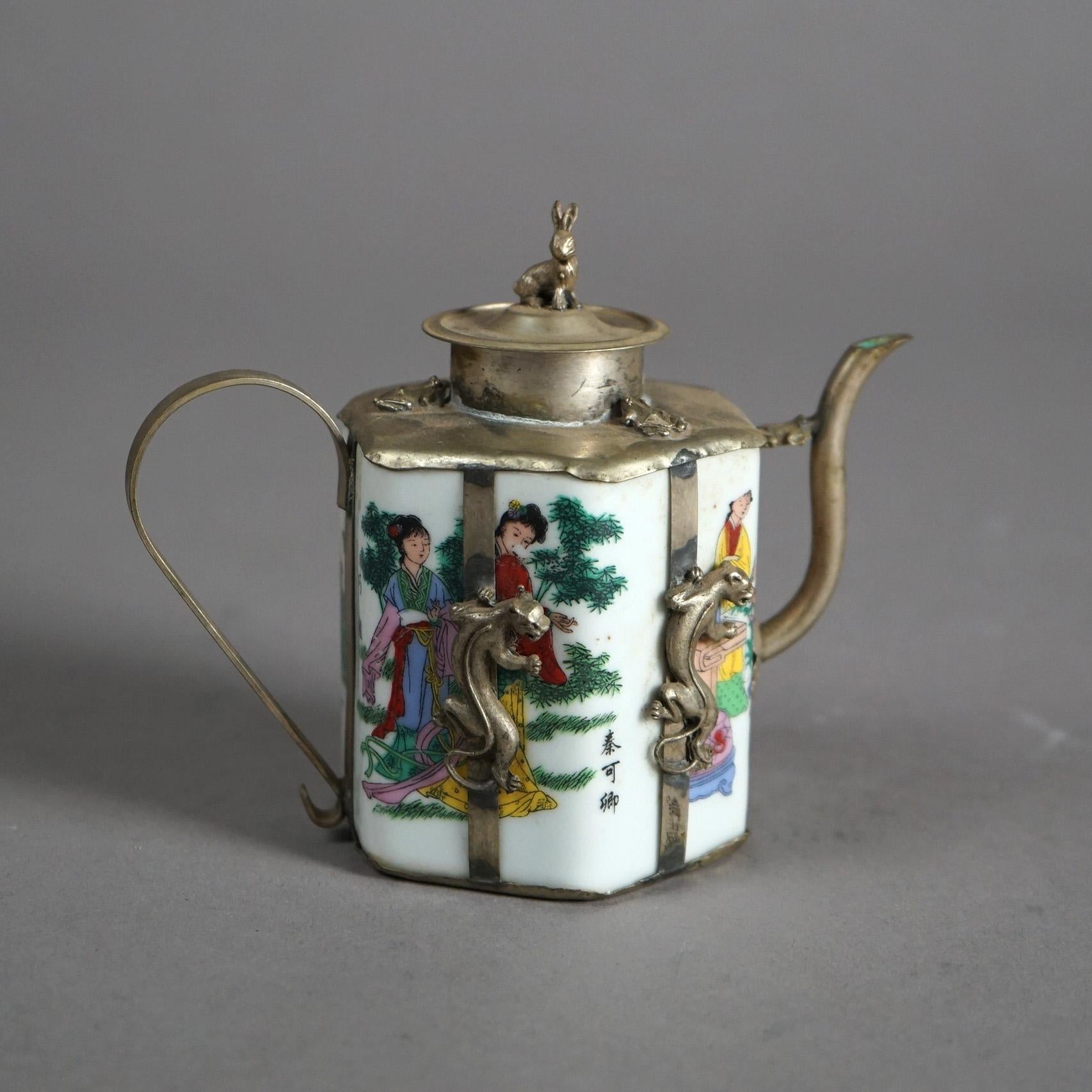 Asian Chinese Miniature Porcelain Teapot with Silver Overlay 20thC For Sale