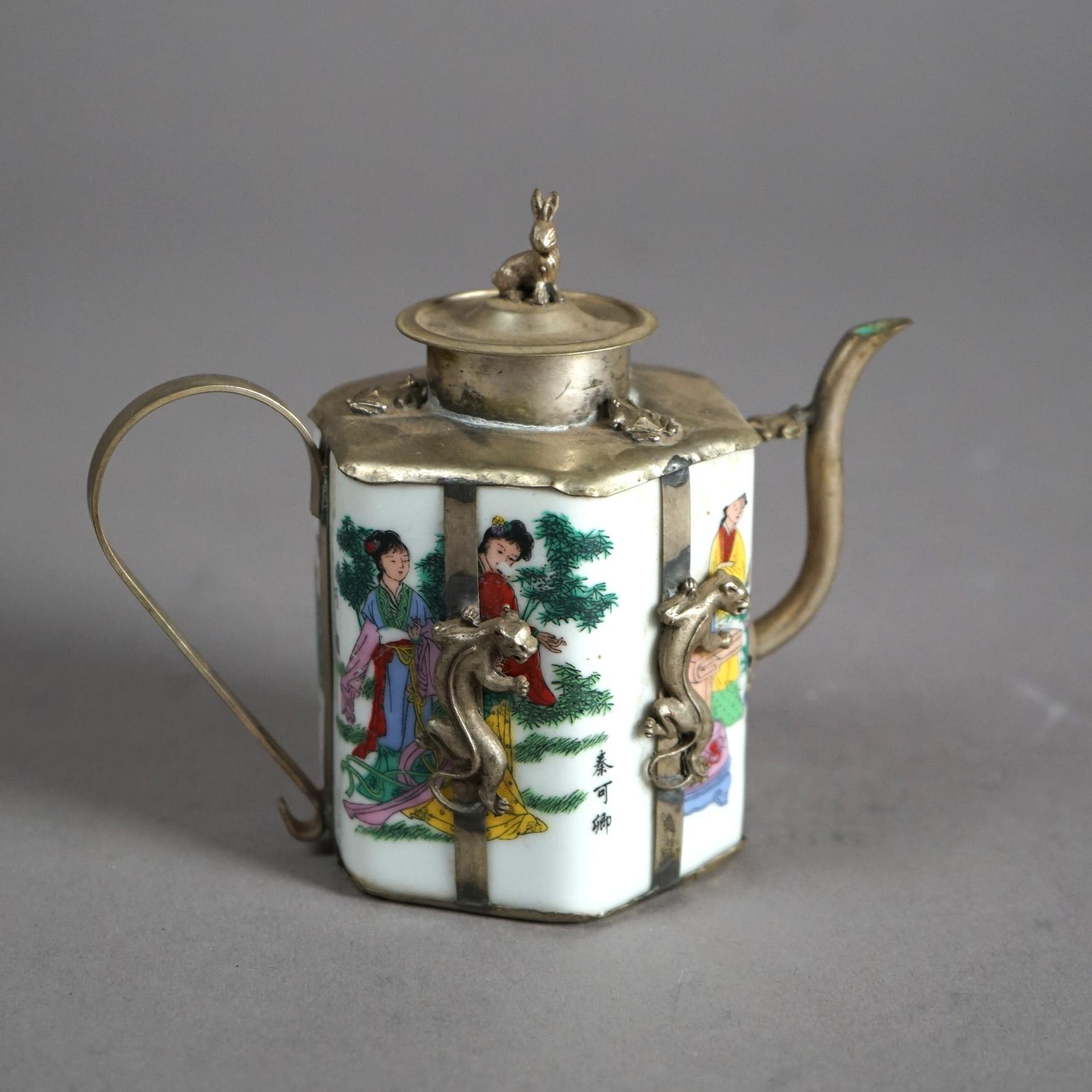 Chinese Miniature Porcelain Teapot with Silver Overlay 20thC In Good Condition For Sale In Big Flats, NY