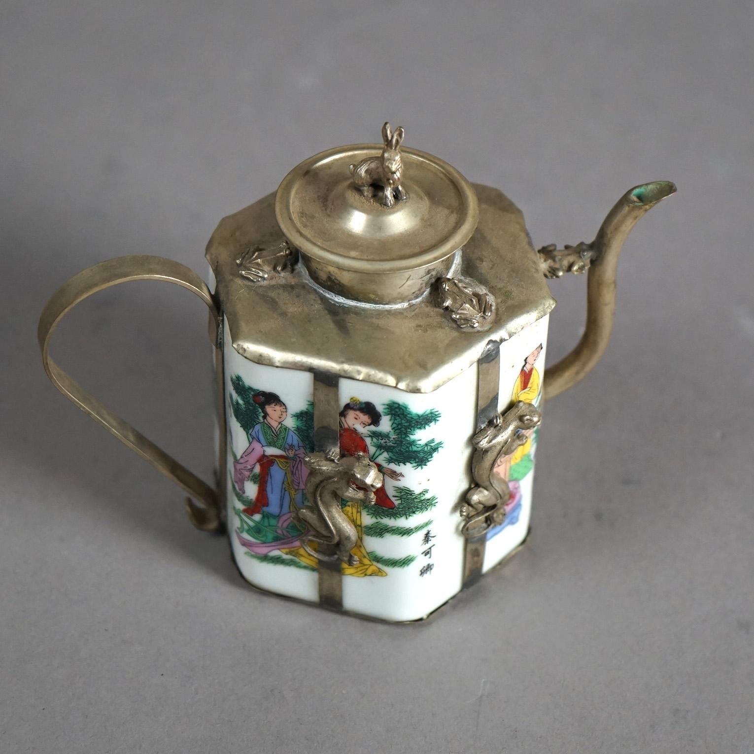 20th Century Chinese Miniature Porcelain Teapot with Silver Overlay 20thC For Sale
