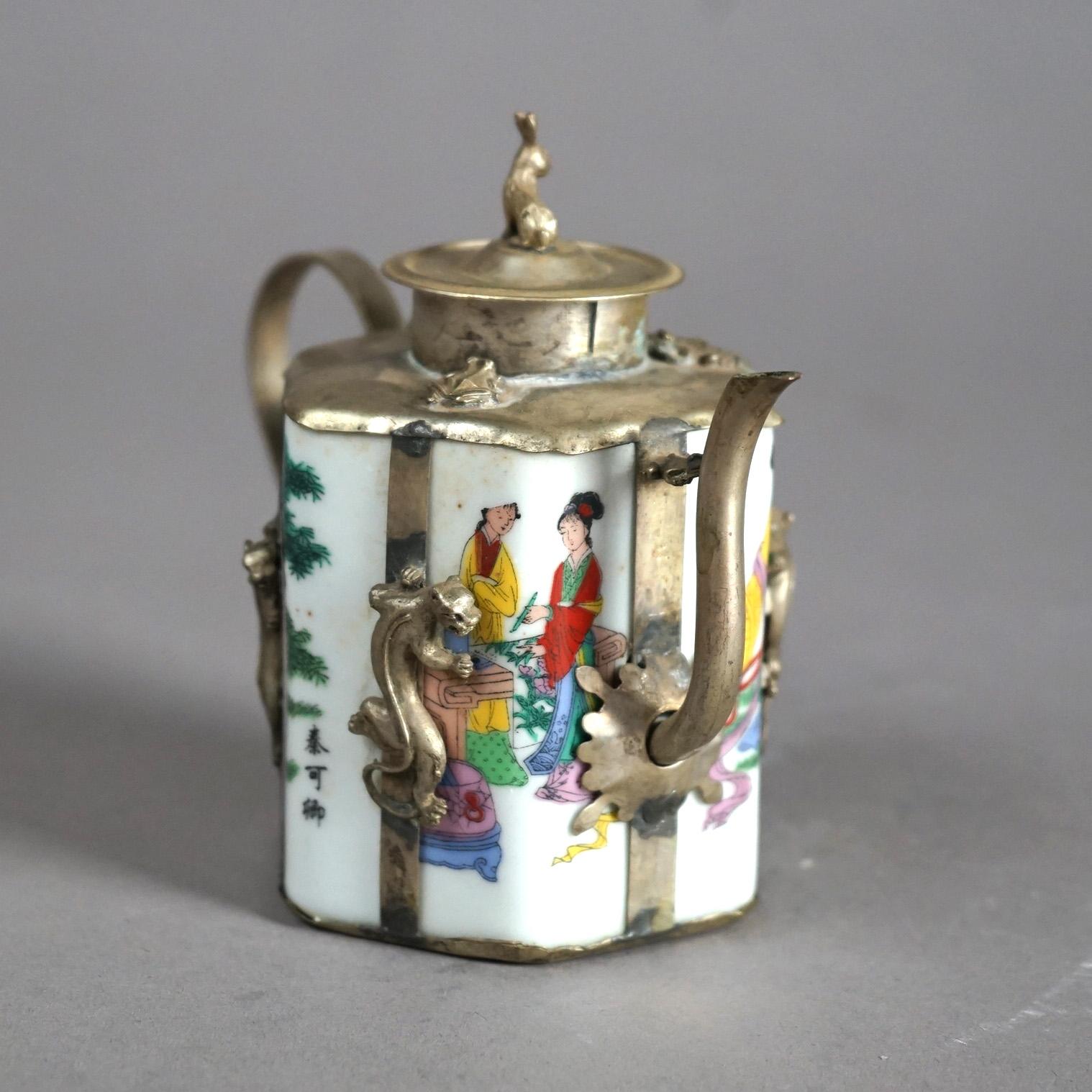 Chinese Miniature Porcelain Teapot with Silver Overlay 20thC For Sale 1