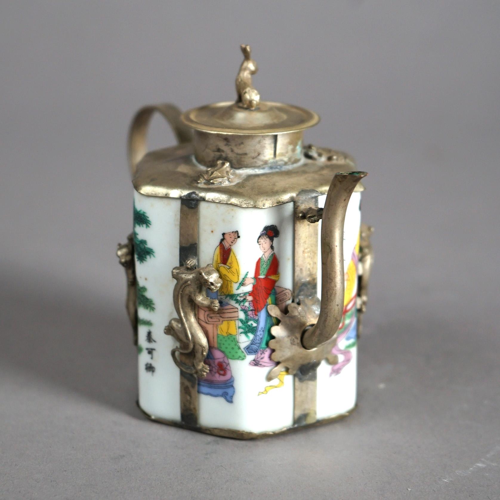Chinese Miniature Porcelain Teapot with Silver Overlay 20thC For Sale 2