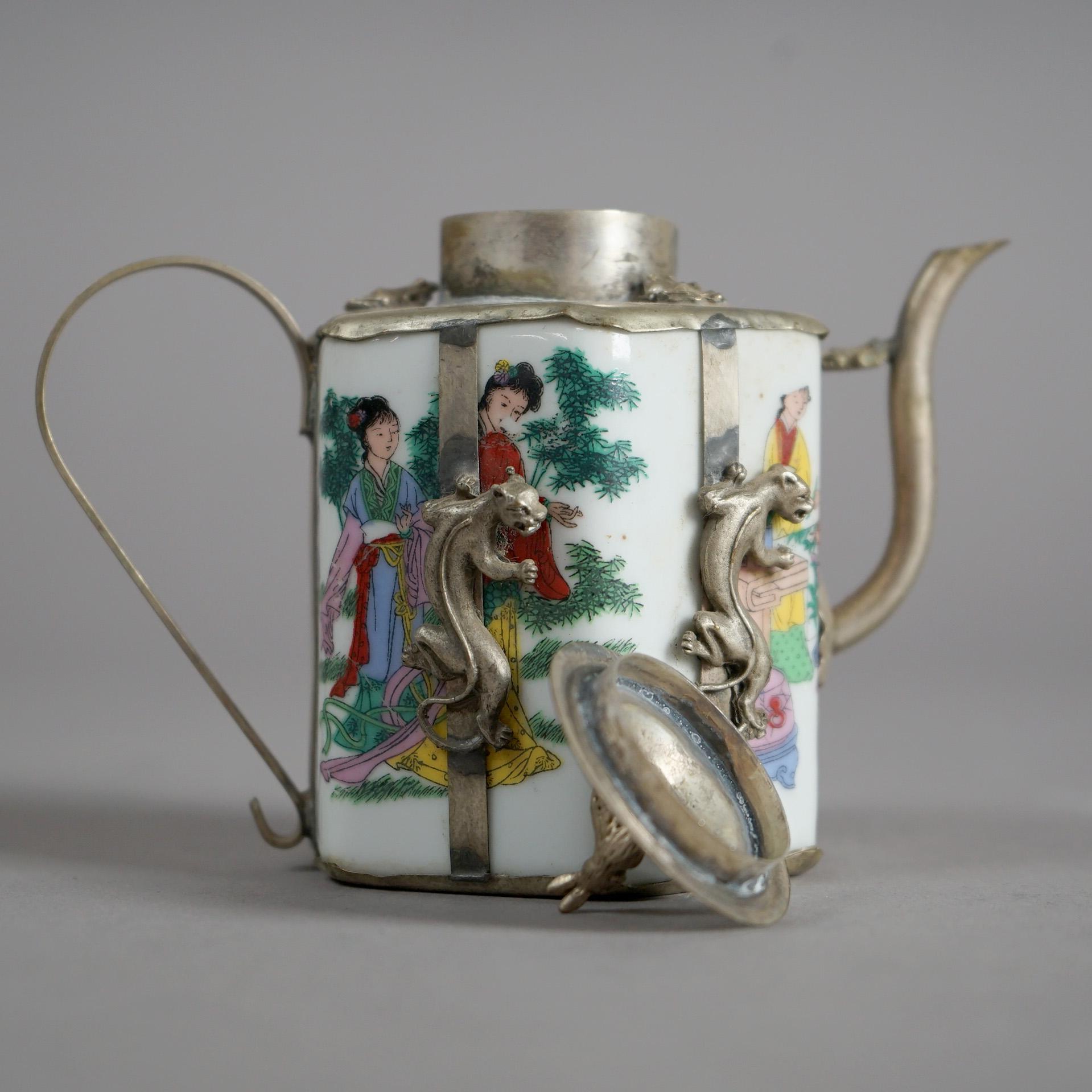 Chinese Miniature Porcelain Teapot with Silver Overlay 20thC For Sale 3