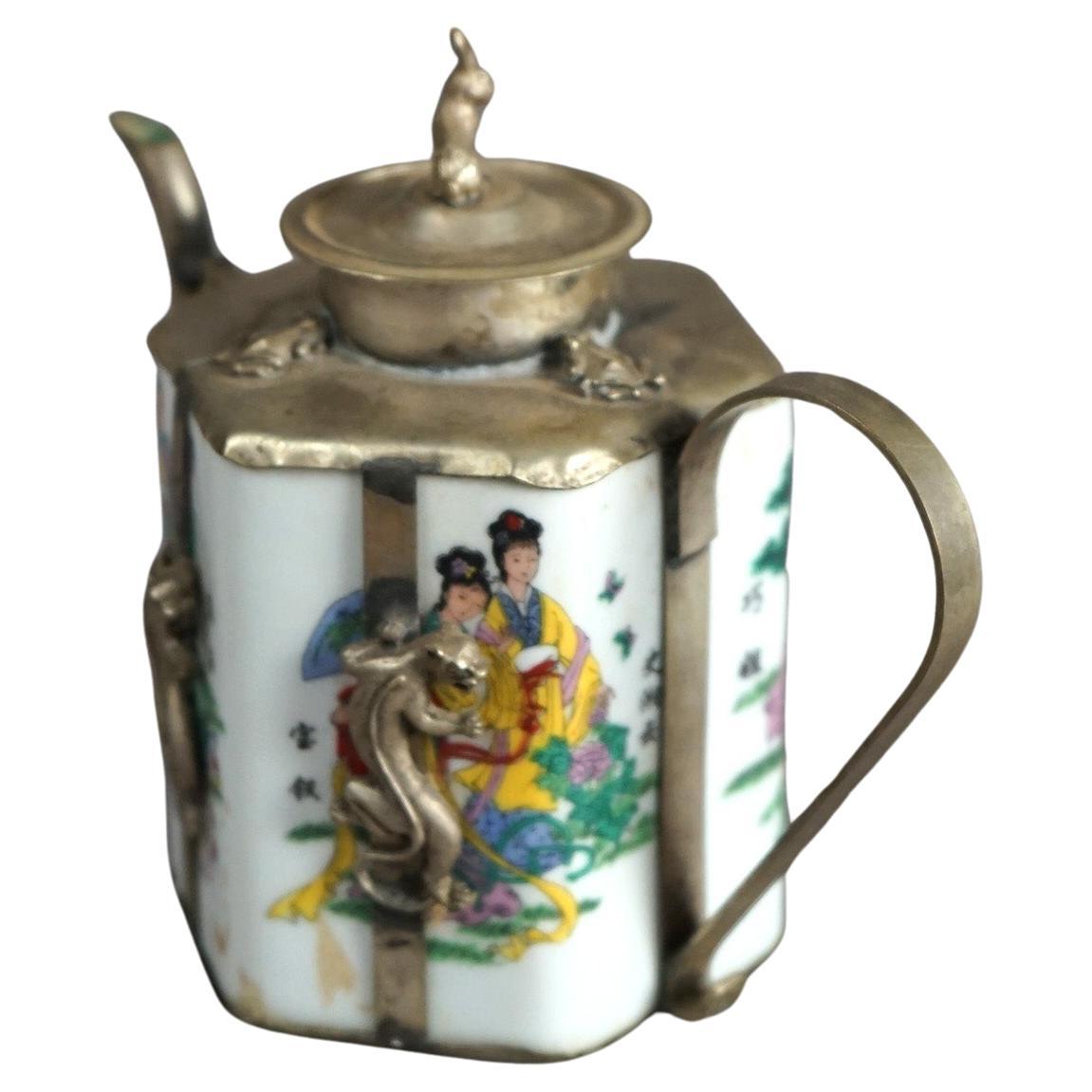 Chinese Miniature Porcelain Teapot with Silver Overlay 20thC For Sale