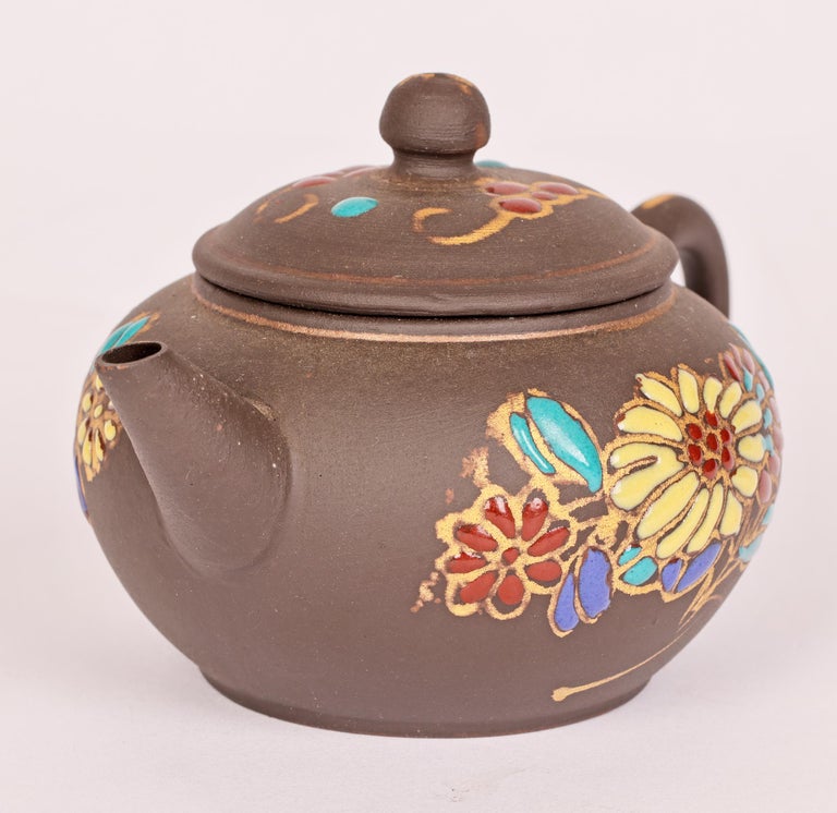 Chinese Miniature Yixing Teapot with Applied Floral Enamel Designs For