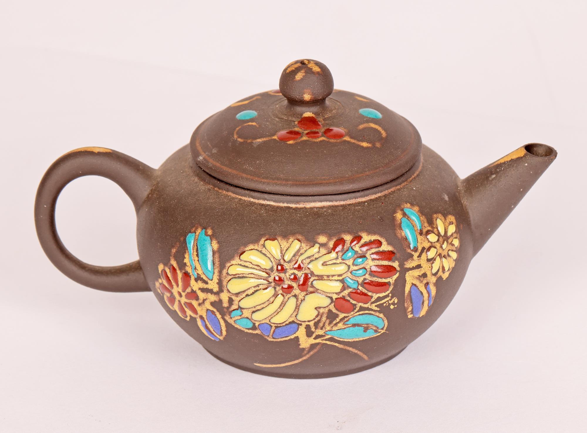 Chinese Miniature Yixing Teapot with Applied Floral Enamel Designs  For Sale 3
