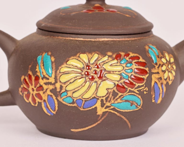 Chinese Miniature Yixing Teapot with Applied Floral Enamel Designs For