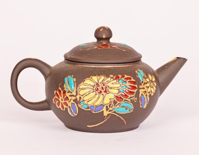 Chinese Miniature Yixing Teapot with Applied Floral Enamel Designs For Sale  at 1stDibs