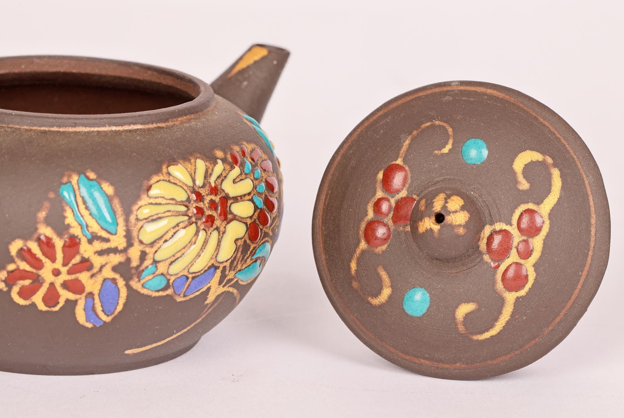 Other Chinese Miniature Yixing Teapot with Applied Floral Enamel Designs  For Sale