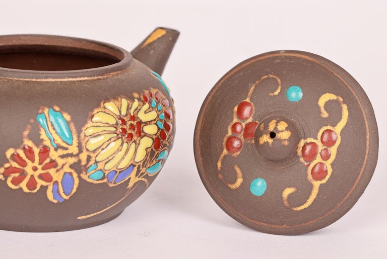 Chinese Miniature Yixing Teapot with Applied Floral Enamel Designs For