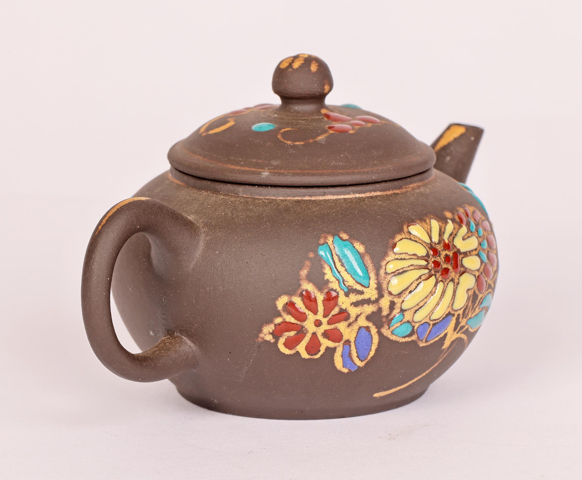 Hand-Painted Chinese Miniature Yixing Teapot with Applied Floral Enamel Designs  For Sale